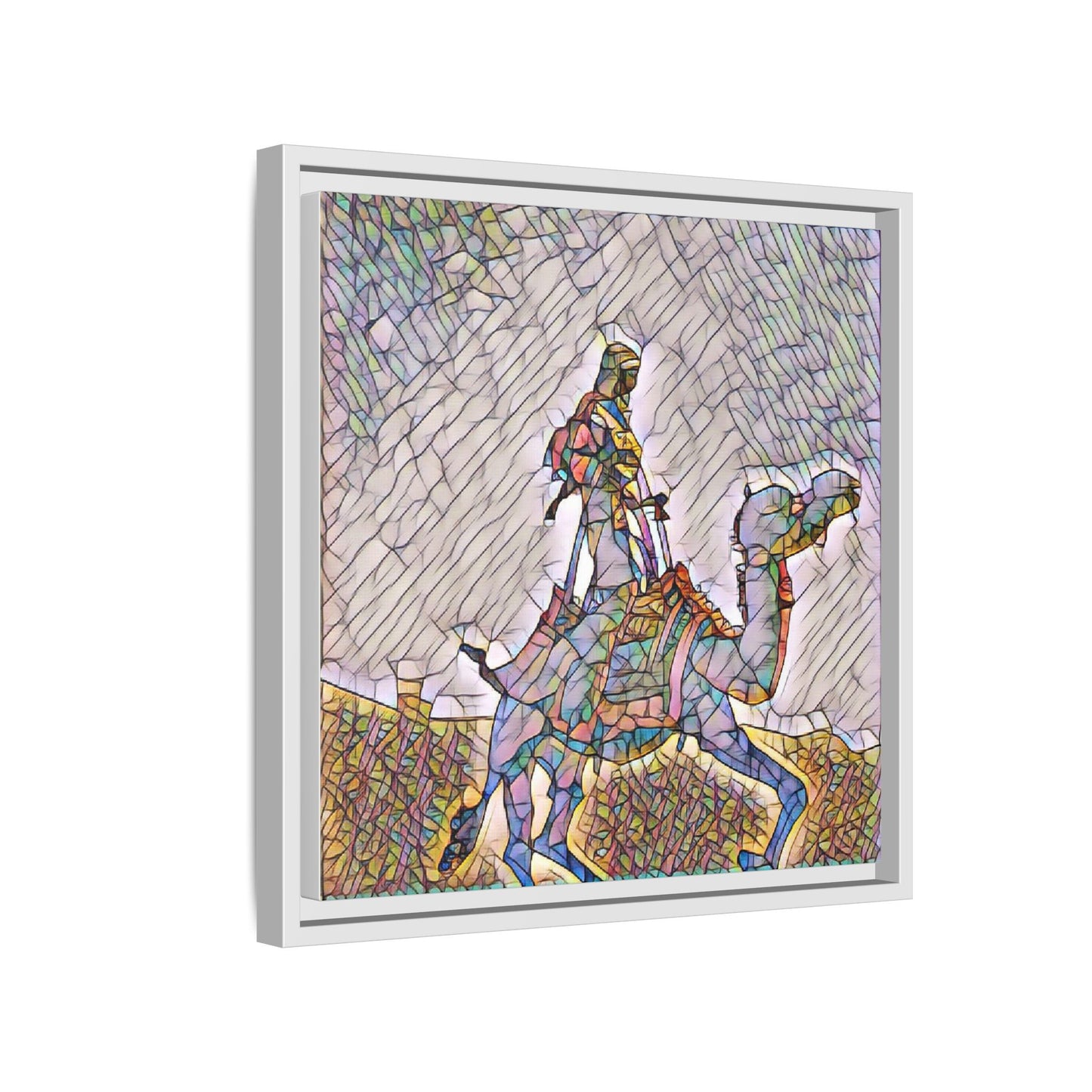 Framed Camel Rider Matte Canvas Art — Colorful Mosaic Desert Wall Decor
