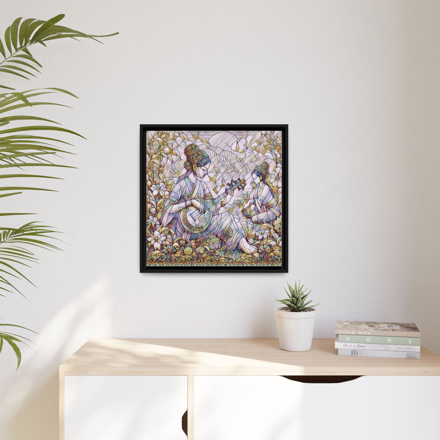 Framed Matte Canvas Art - Vintage Asian Musicians Floral Illustration