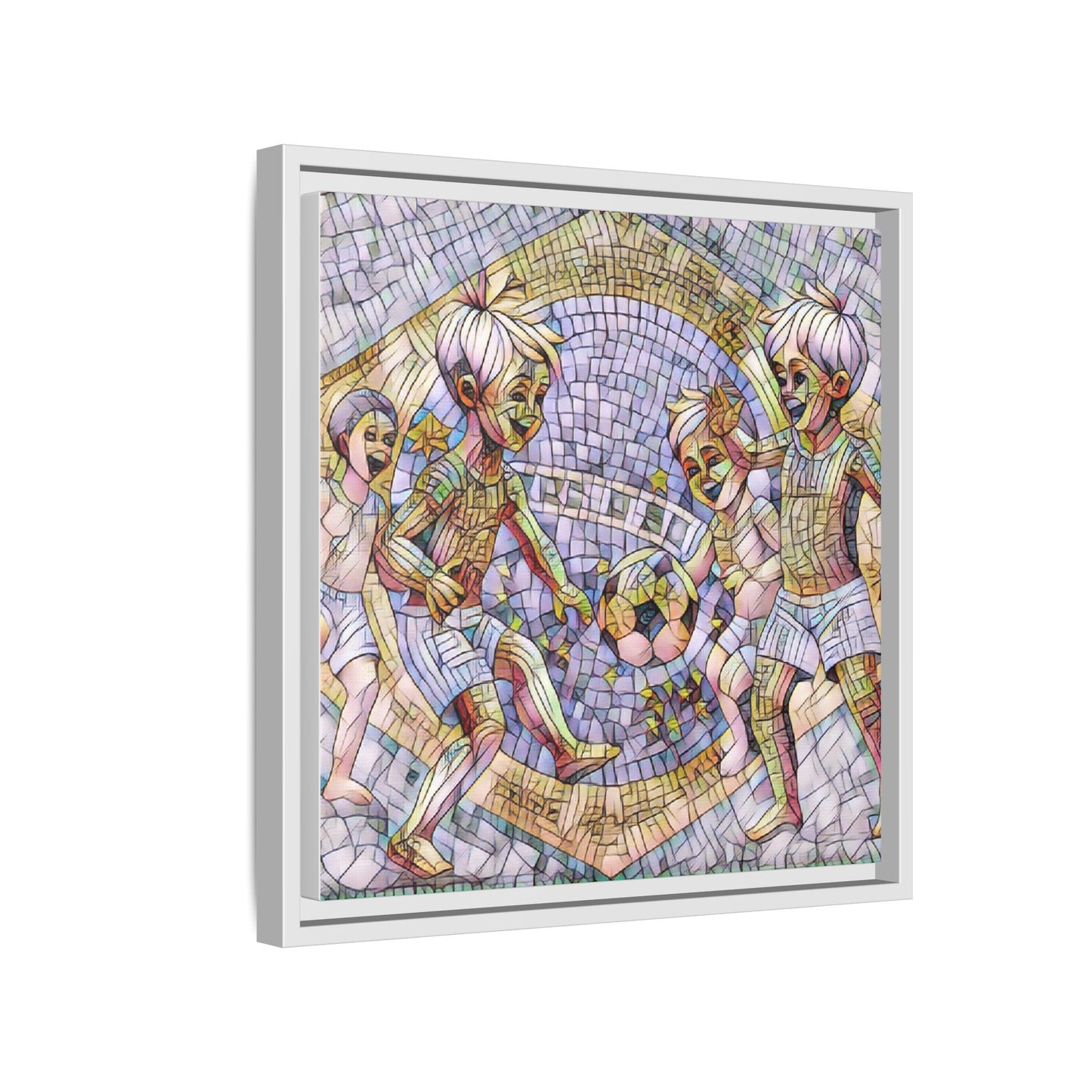 Framed Matte Canvas – Vintage Mosaic Kids Playing Soccer Art