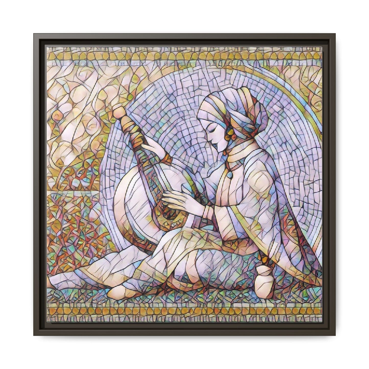 Framed Matte Canvas: Mosaic Lute Player Wall Art — Bohemian Musical Portrait