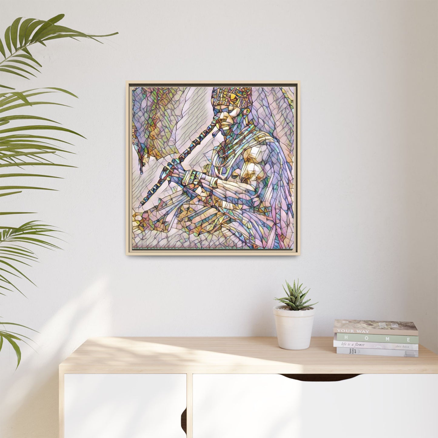 Tribal Flute Musician Stained-Glass Framed Canvas Art