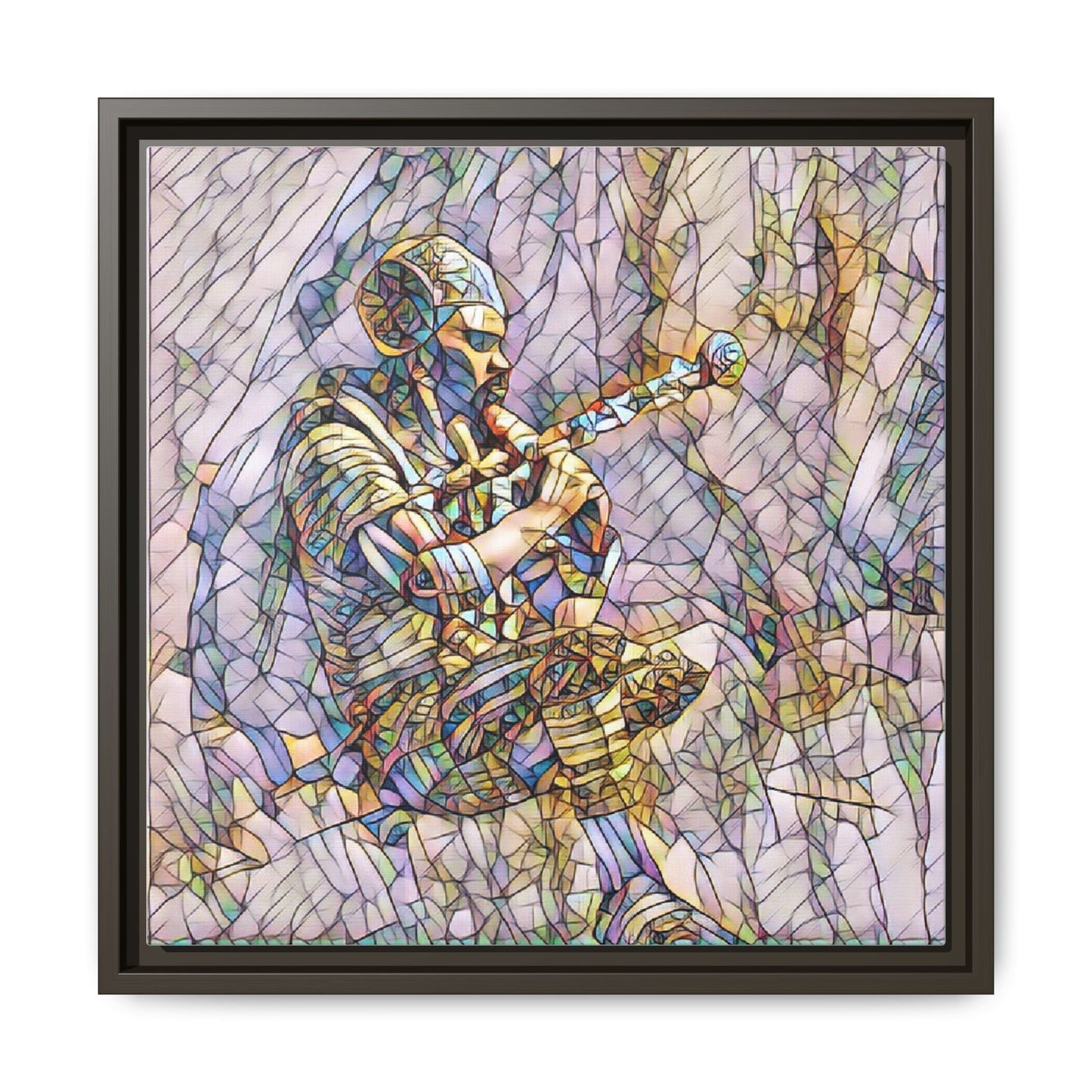 Celtic Piper Framed Matte Canvas — Stained-Glass Style Highland Bagpiper Art