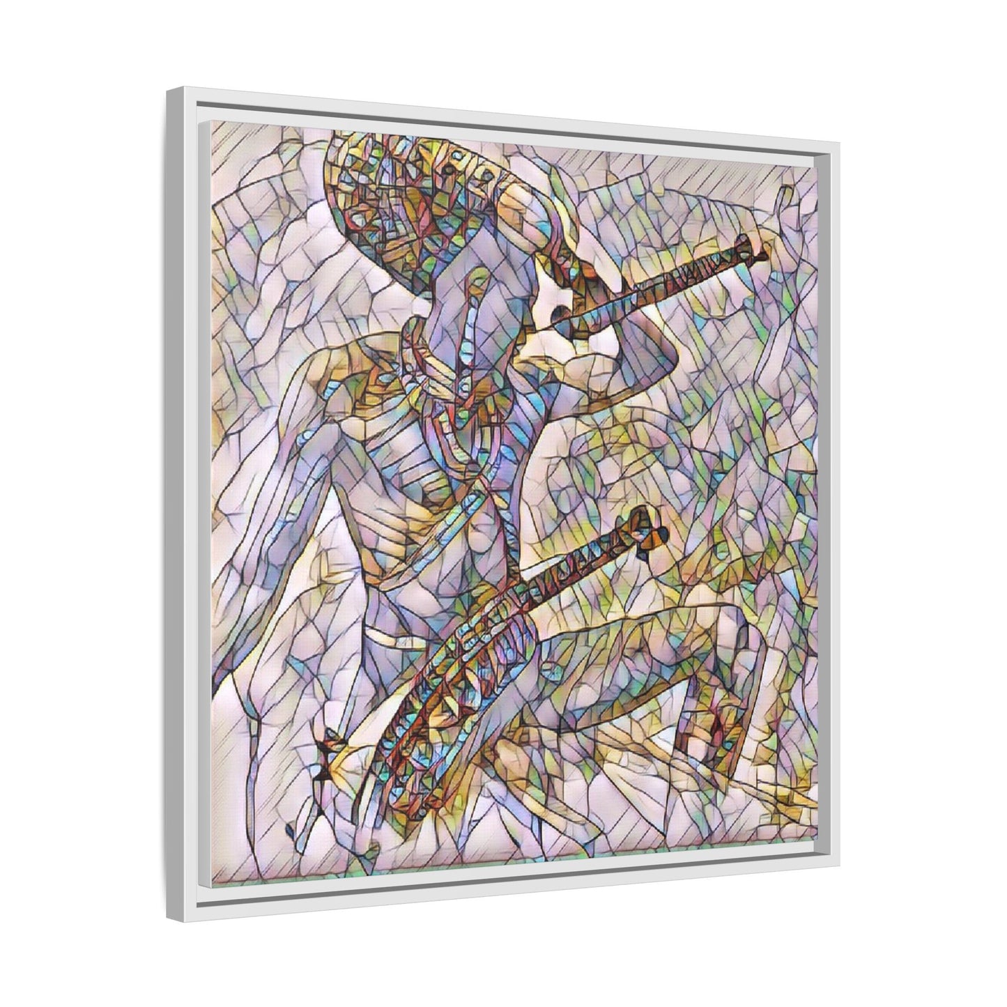 Stained Glass Blue Musician — Framed Matte Canvas Art