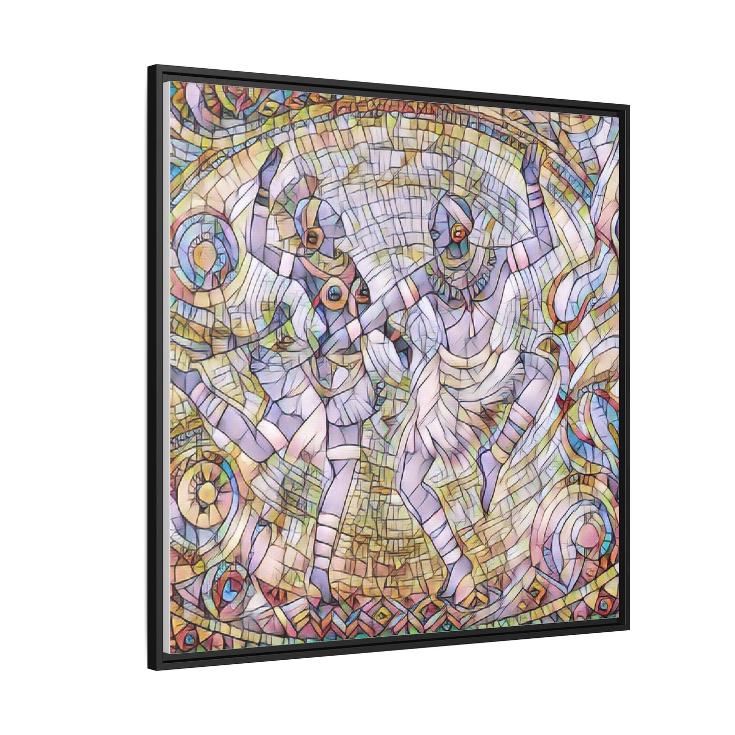 Abstract Dancers Matte Framed Canvas Wall Art — Multi‑Color Stained Glass Style