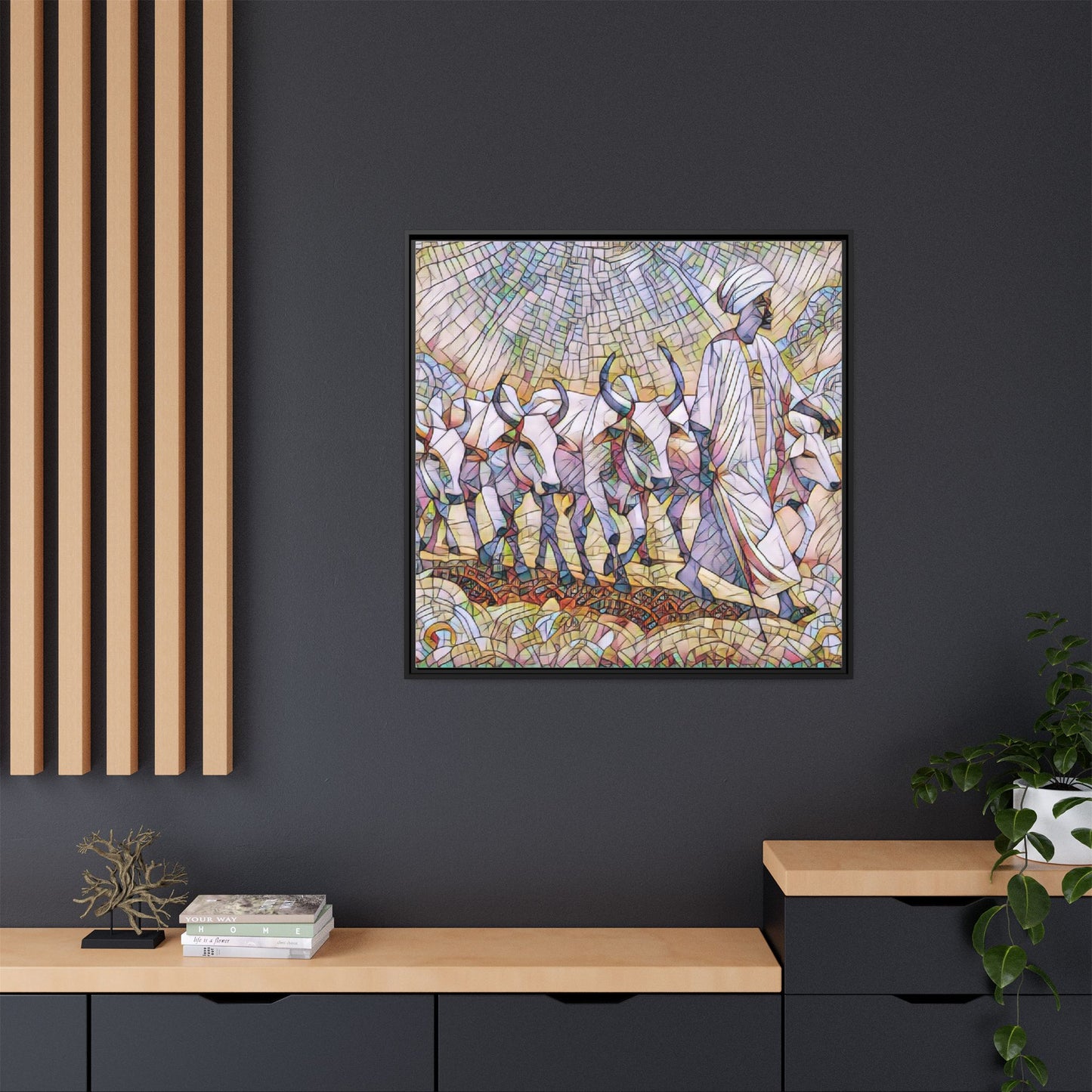Framed Matte Canvas Art — African Herdsman Mosaic Print