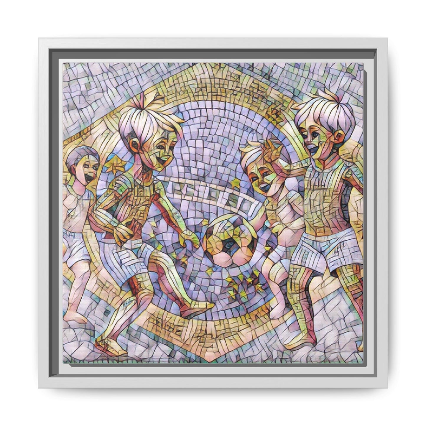 Framed Matte Canvas – Vintage Mosaic Kids Playing Soccer Art