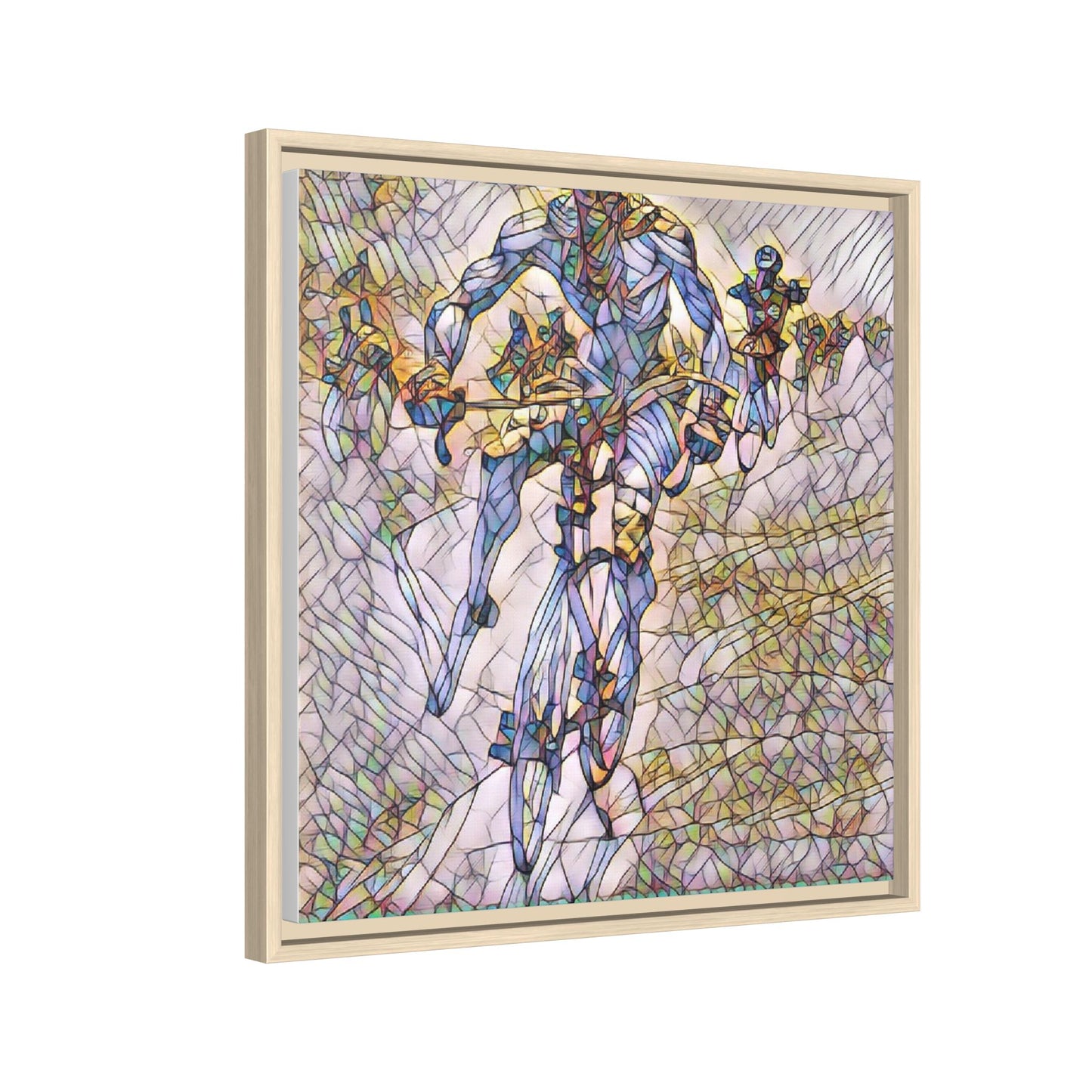 Abstract Cyclist Matte Canvas Framed Art — Colorful Stained-Glass Bike Print
