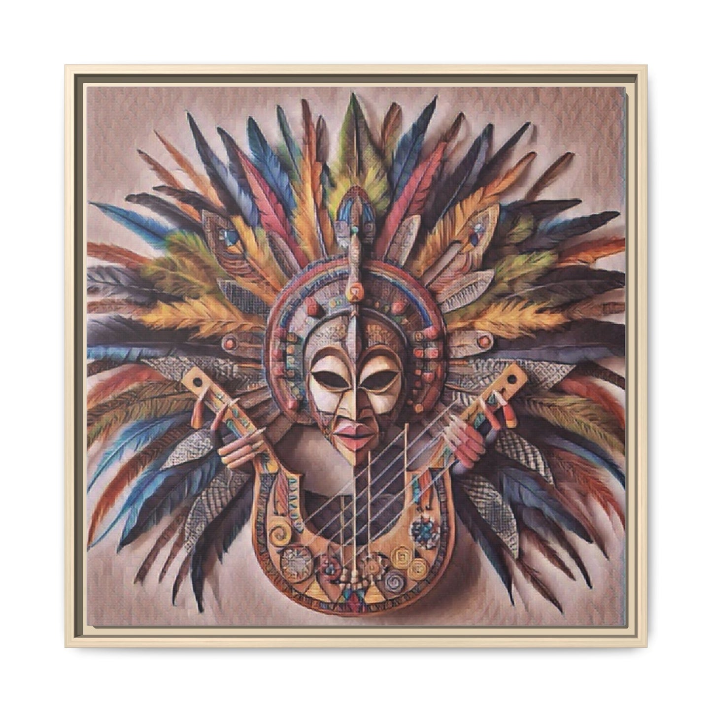 Tribal Feather Mask Guitar Framed Canvas Art — Colorful Boho Wall Decor