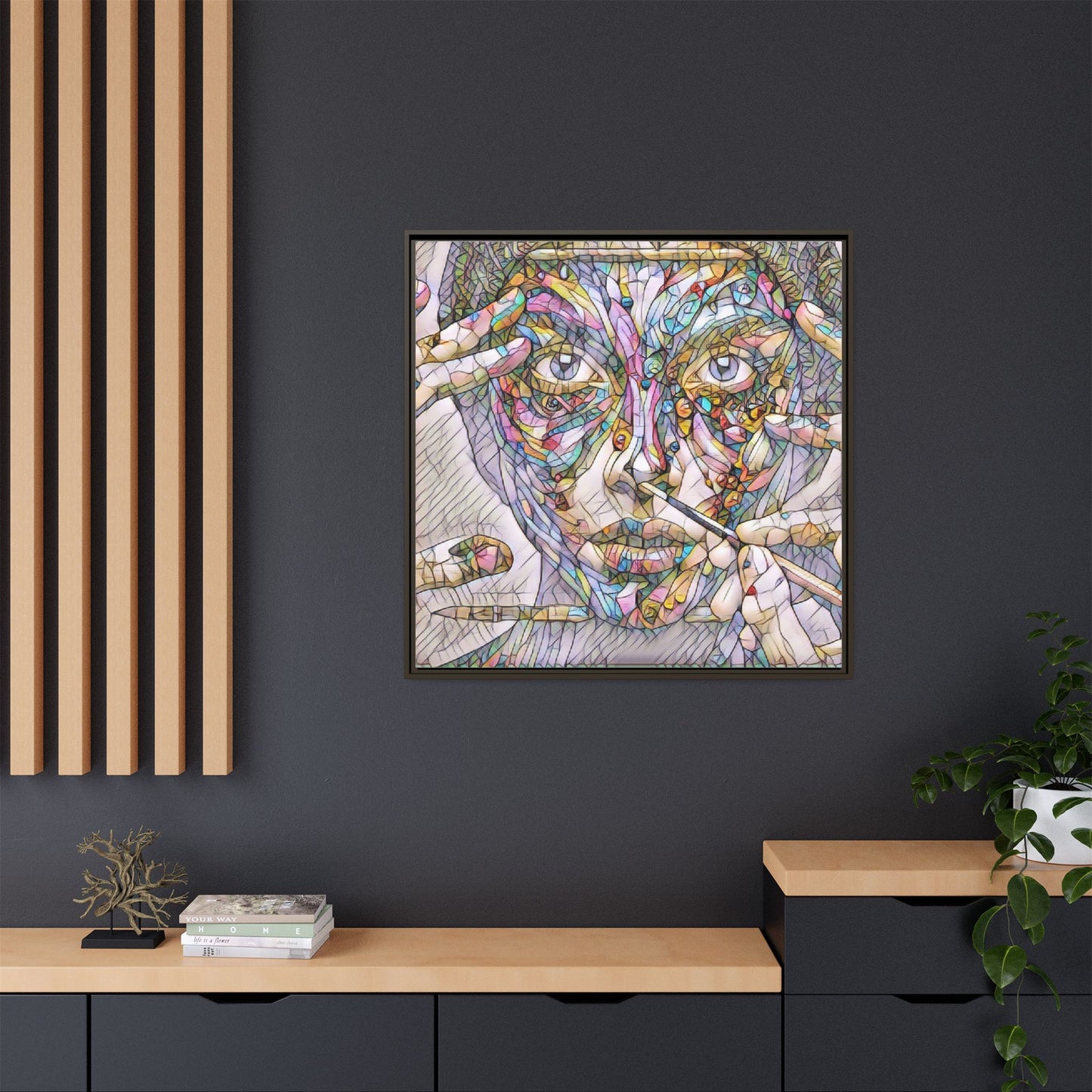 Framed Abstract Mosaic Face Canvas — Colorful Modern Wall Art