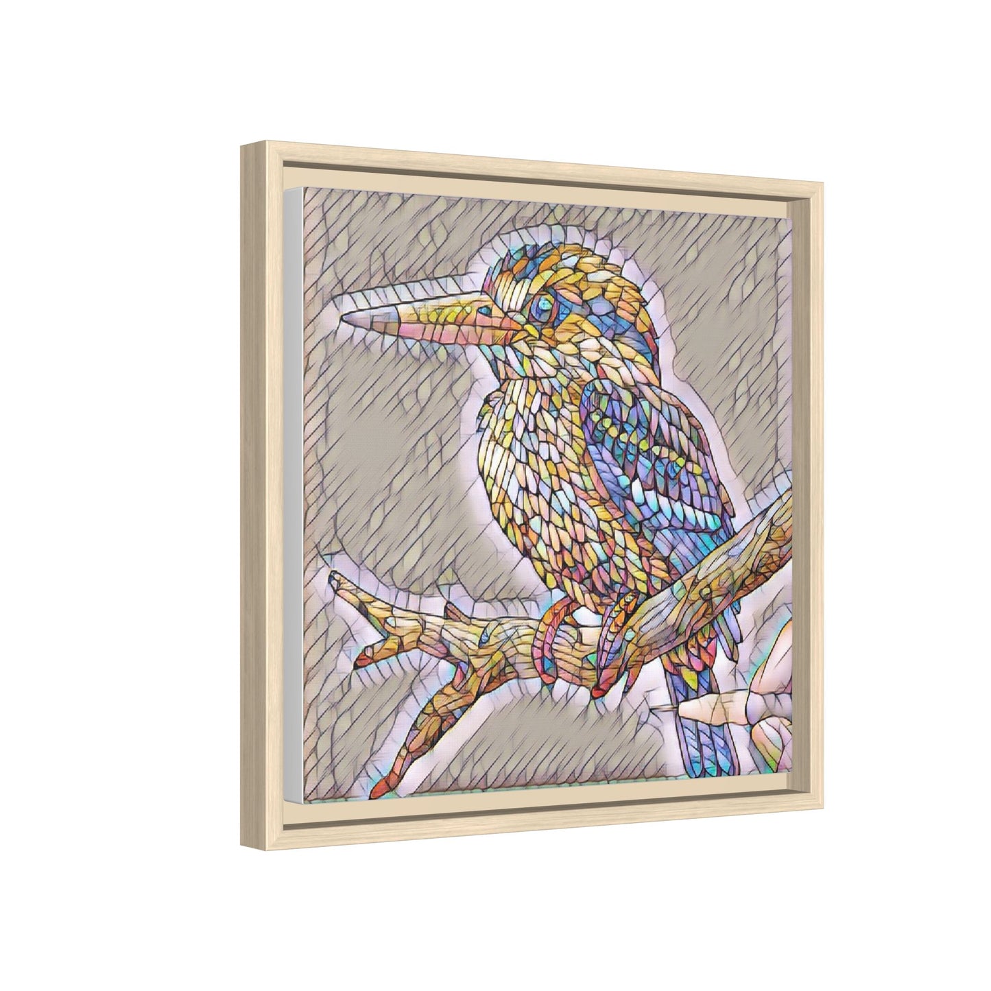 Colorful Kingfisher Framed Canvas Wall Art — Stained-Glass Style Bird Print