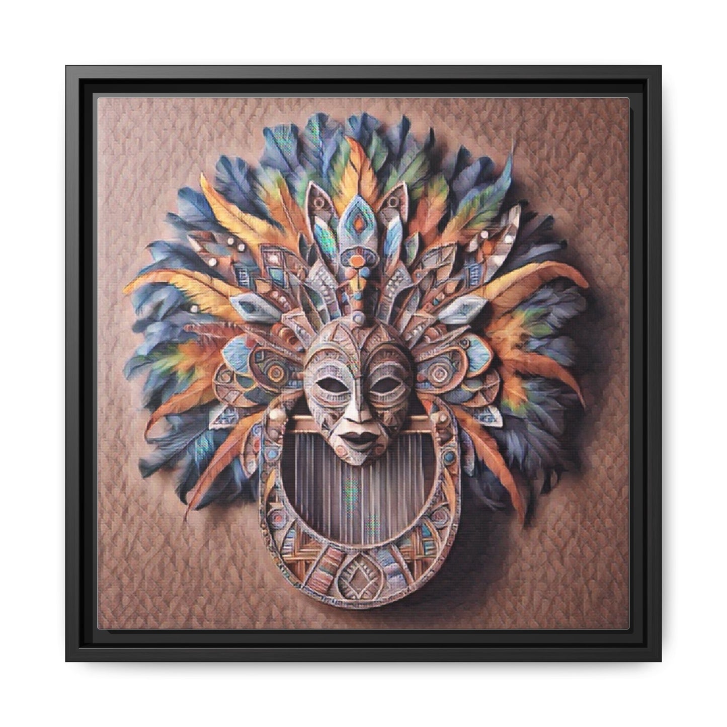 Tribal Feather Mask Framed Canvas Wall Art — Colorful Boho Decorative Print