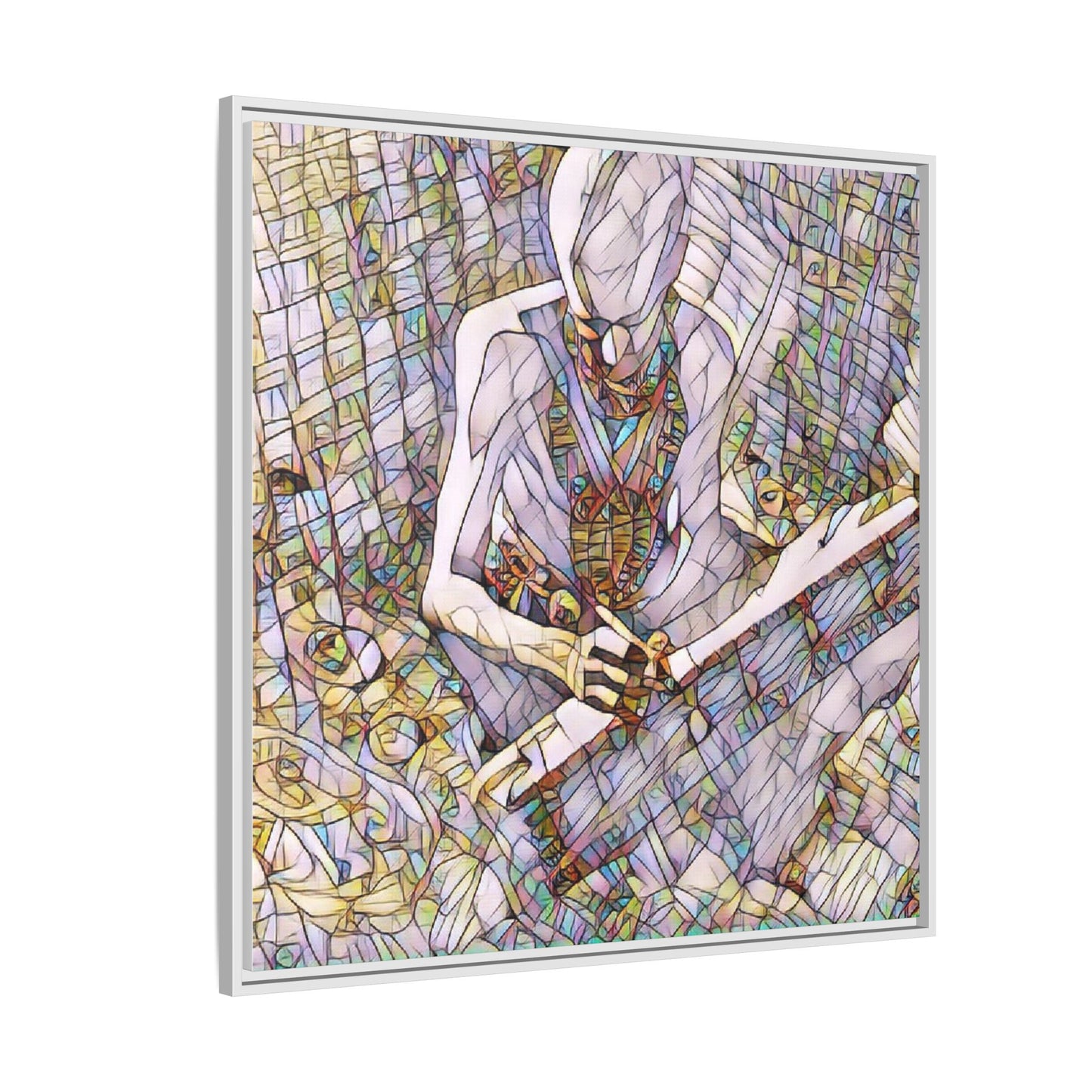 Abstract Fantasy Warrior Matte Framed Canvas — Colorful Stained-Glass Style Art