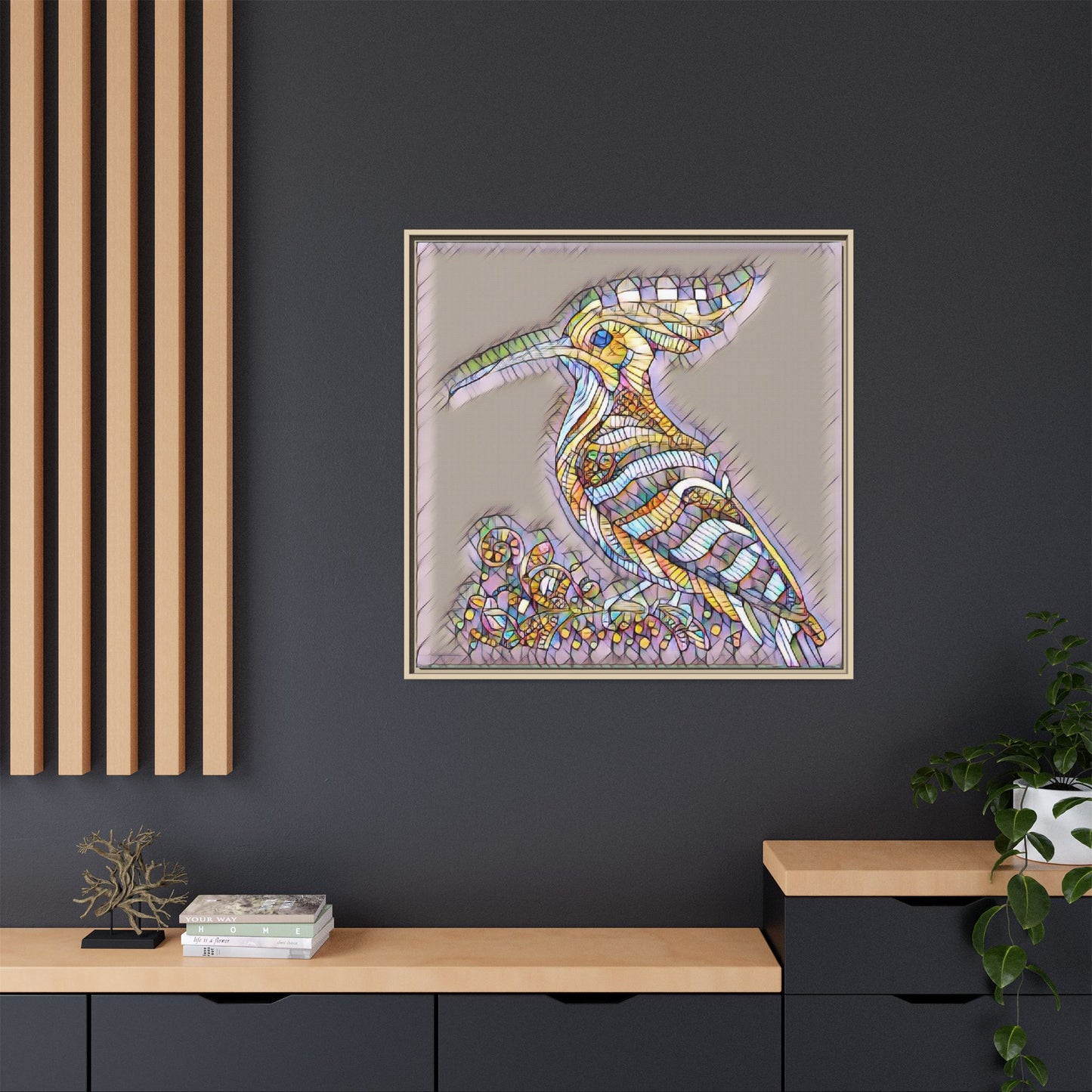 Colorful Mosaic Bird Framed Canvas Art — Whimsical Hoopoe Wall Decor