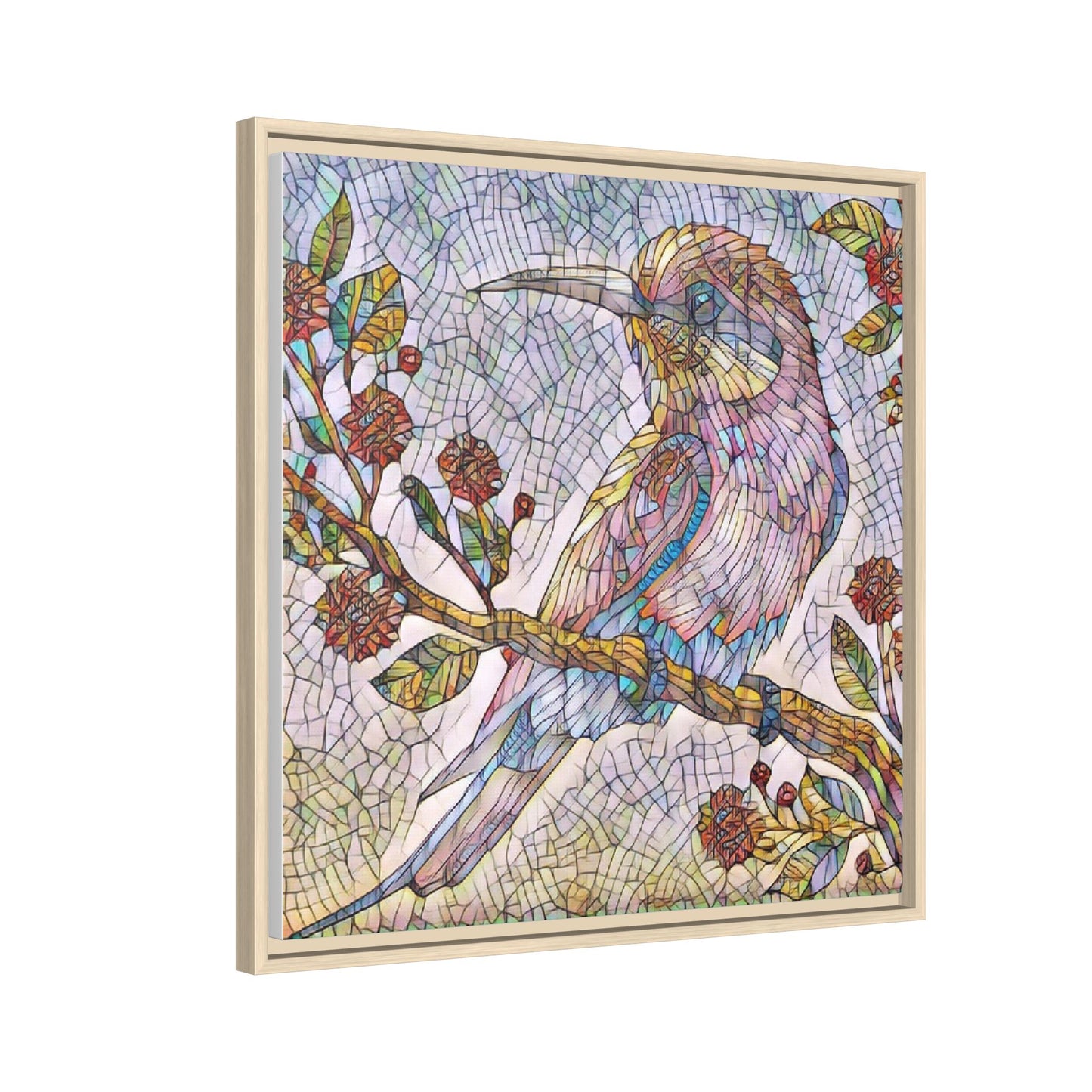 Framed Mosaic Bird Art Print — Colorful Kookaburra Wall Canvas
