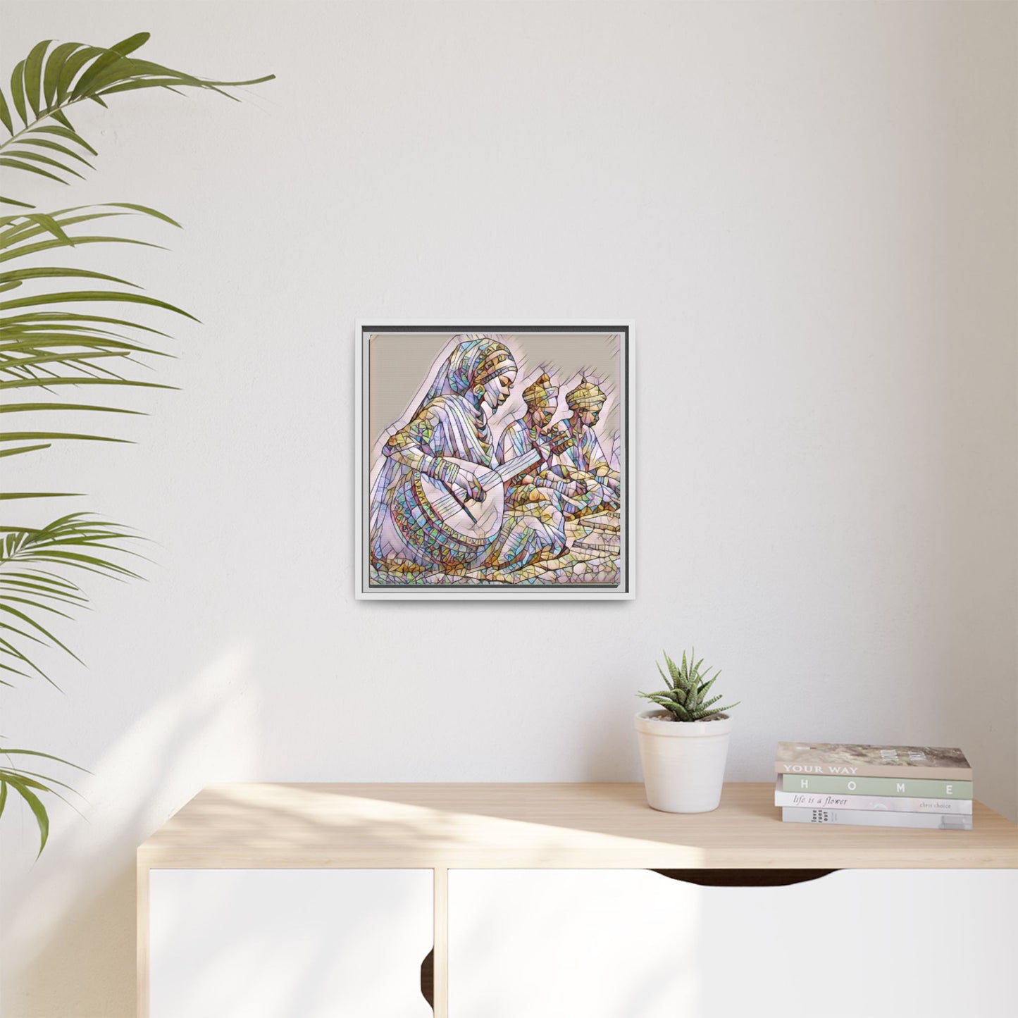 Framed Matte Canvas: Colorful Moroccan Musicians Wall Art