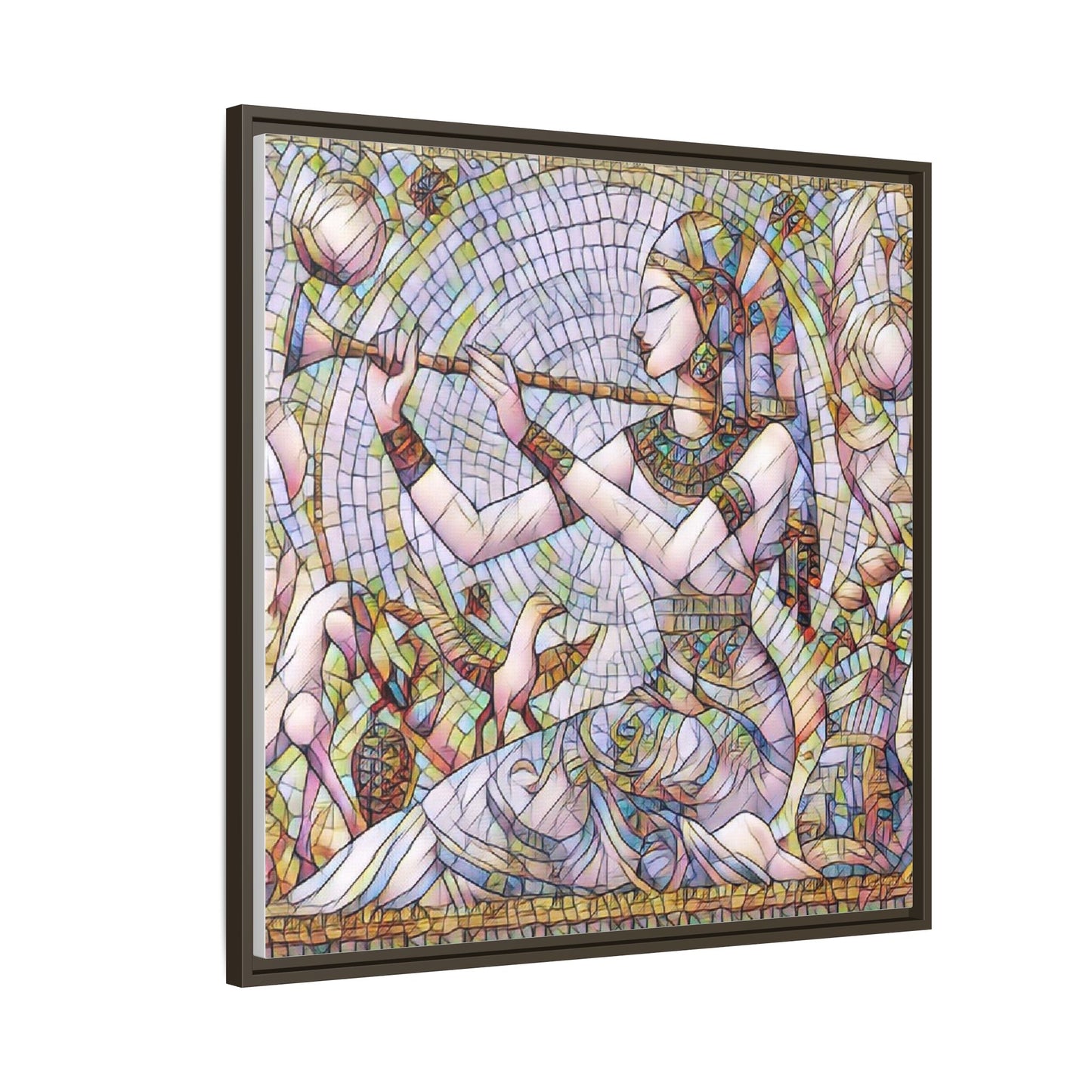 Egyptian Flute Player Framed Canvas Art — Colorful Mosaic Wall Decor