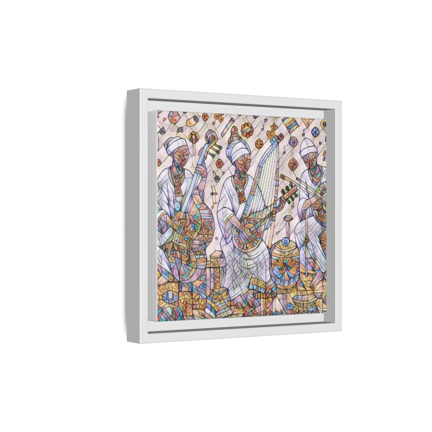 Framed Matte Canvas Print — Colorful African Musicians Stained-Glass Art