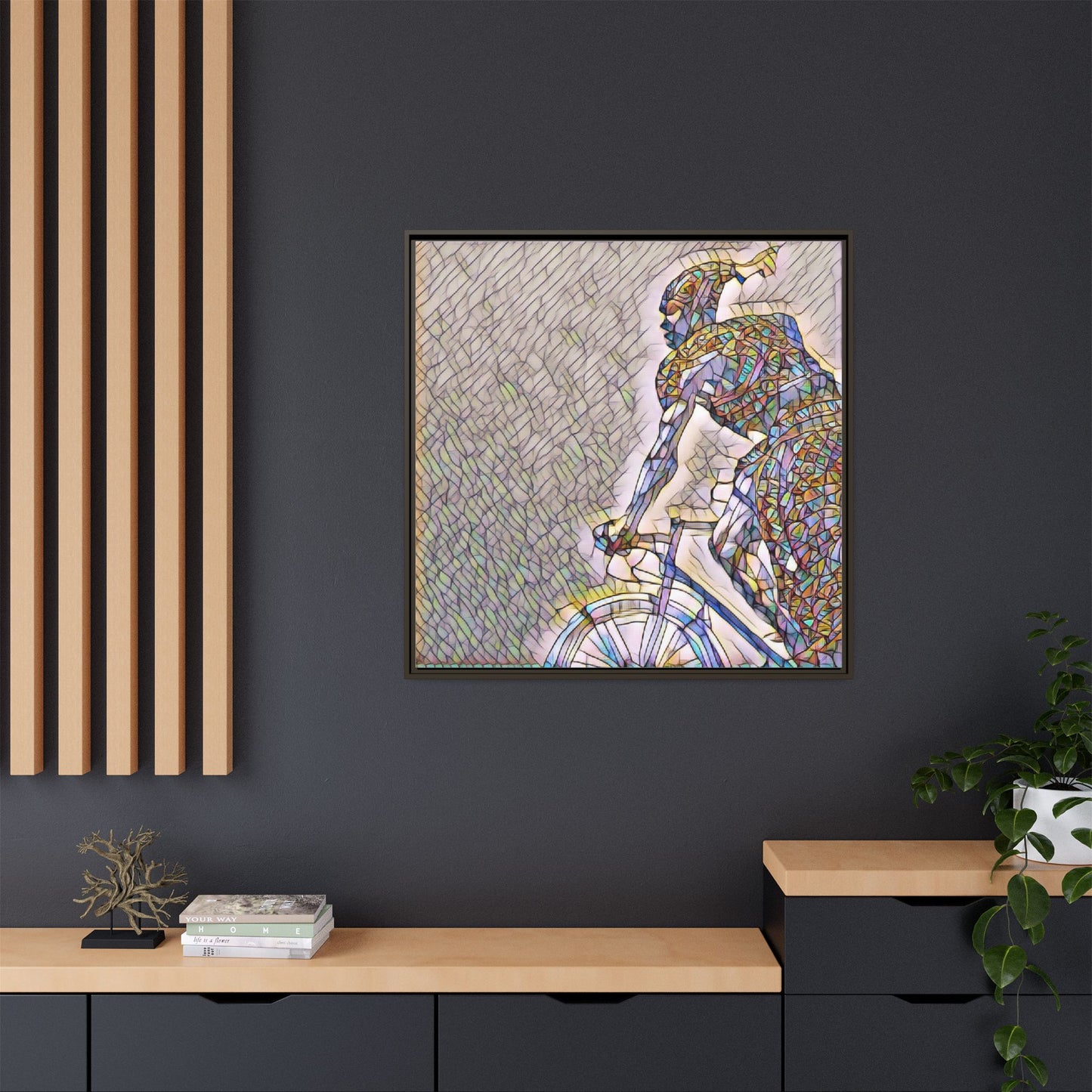Cyclist Mosaic Matte Canvas Print — Framed Multicolor Bike Art