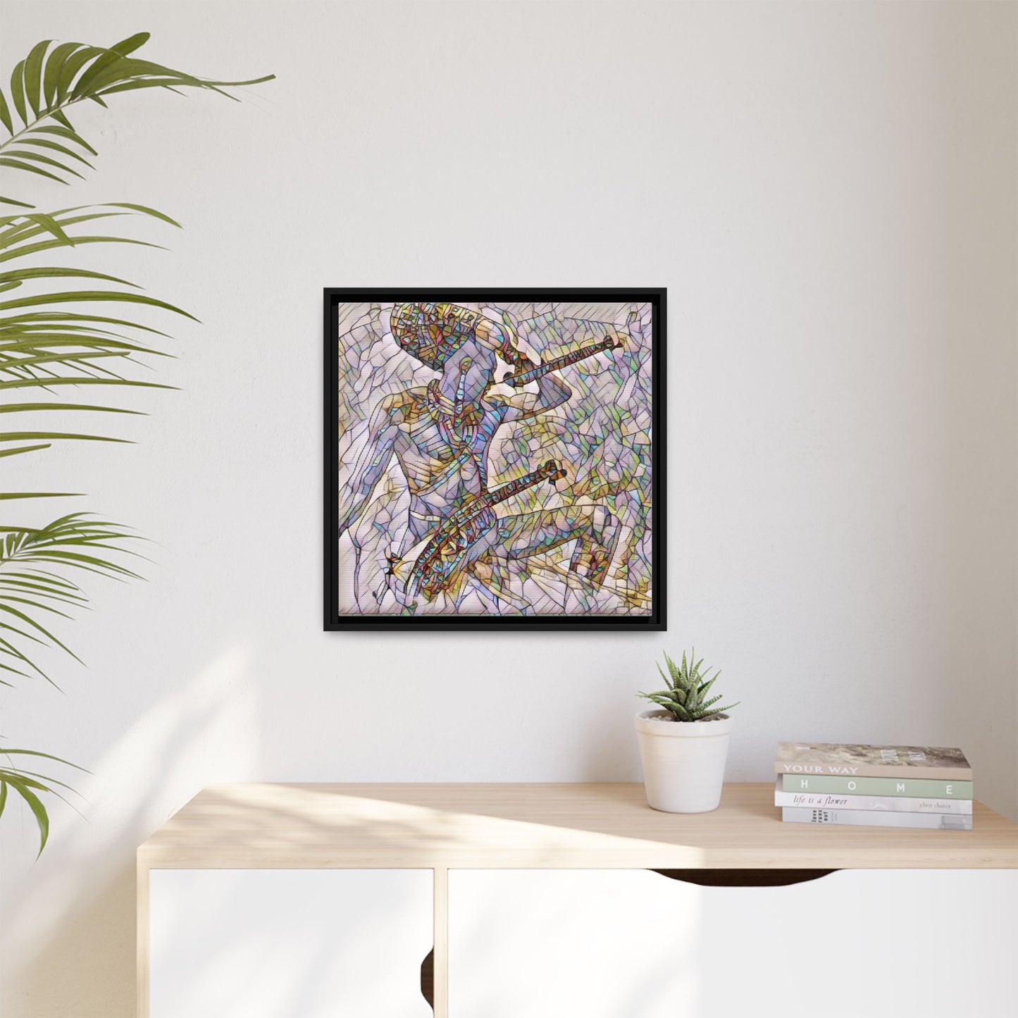 Stained Glass Blue Musician — Framed Matte Canvas Art
