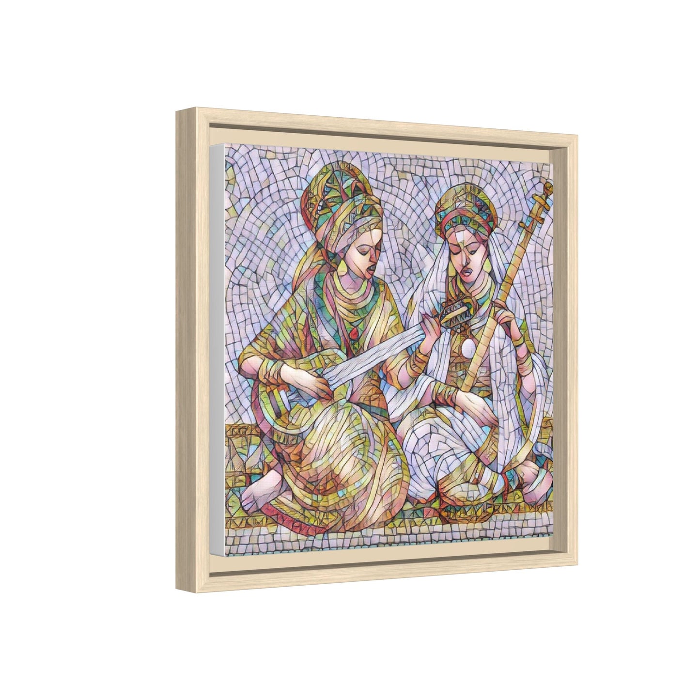 Framed Mosaic Art Print — Two Women Playing Lutes (Matte Canvas)