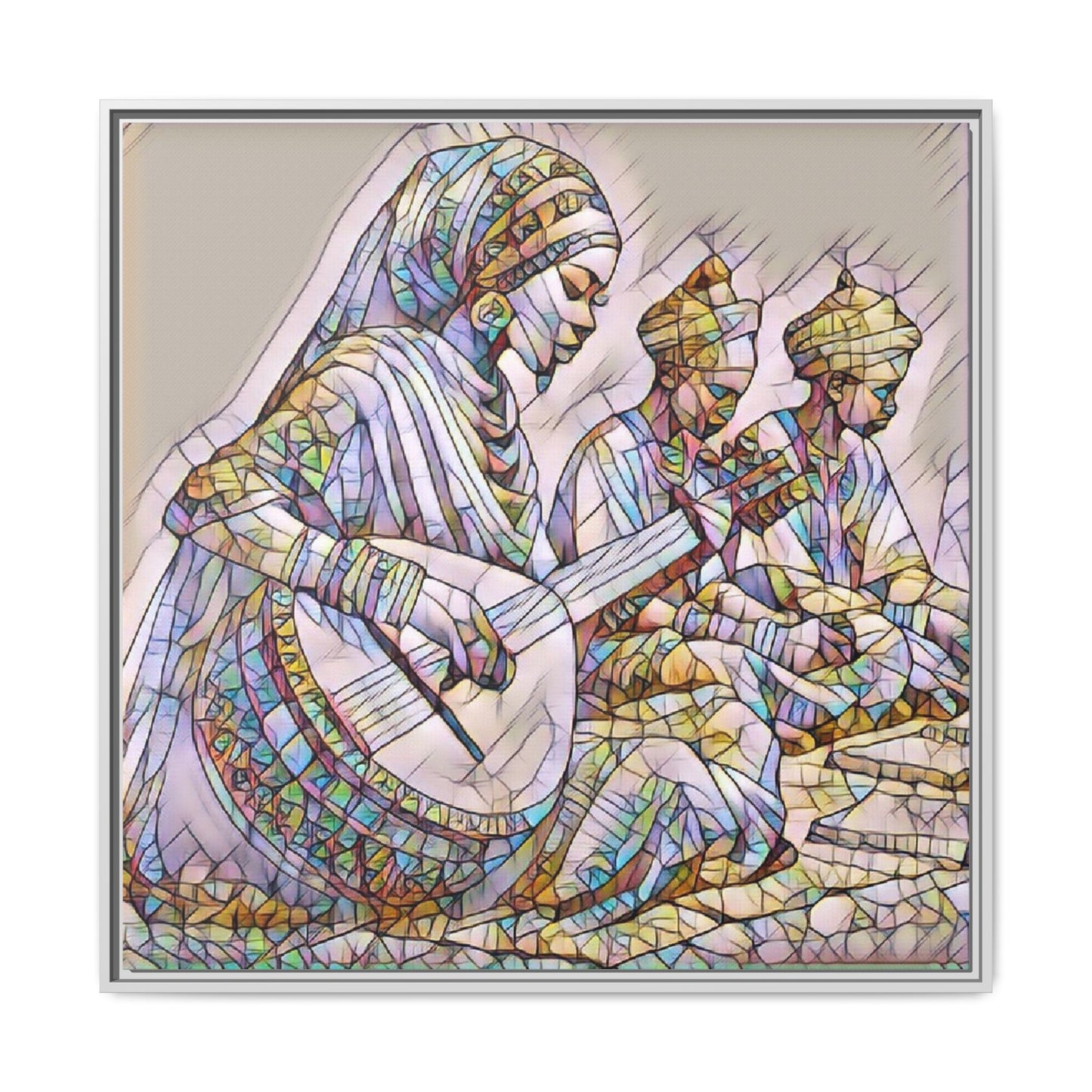 Framed Matte Canvas: Colorful Moroccan Musicians Wall Art