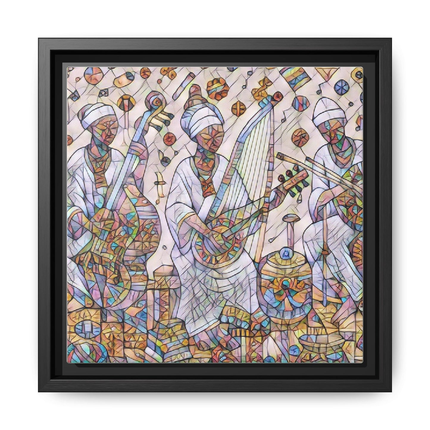 Framed Matte Canvas Print — Colorful African Musicians Stained-Glass Art