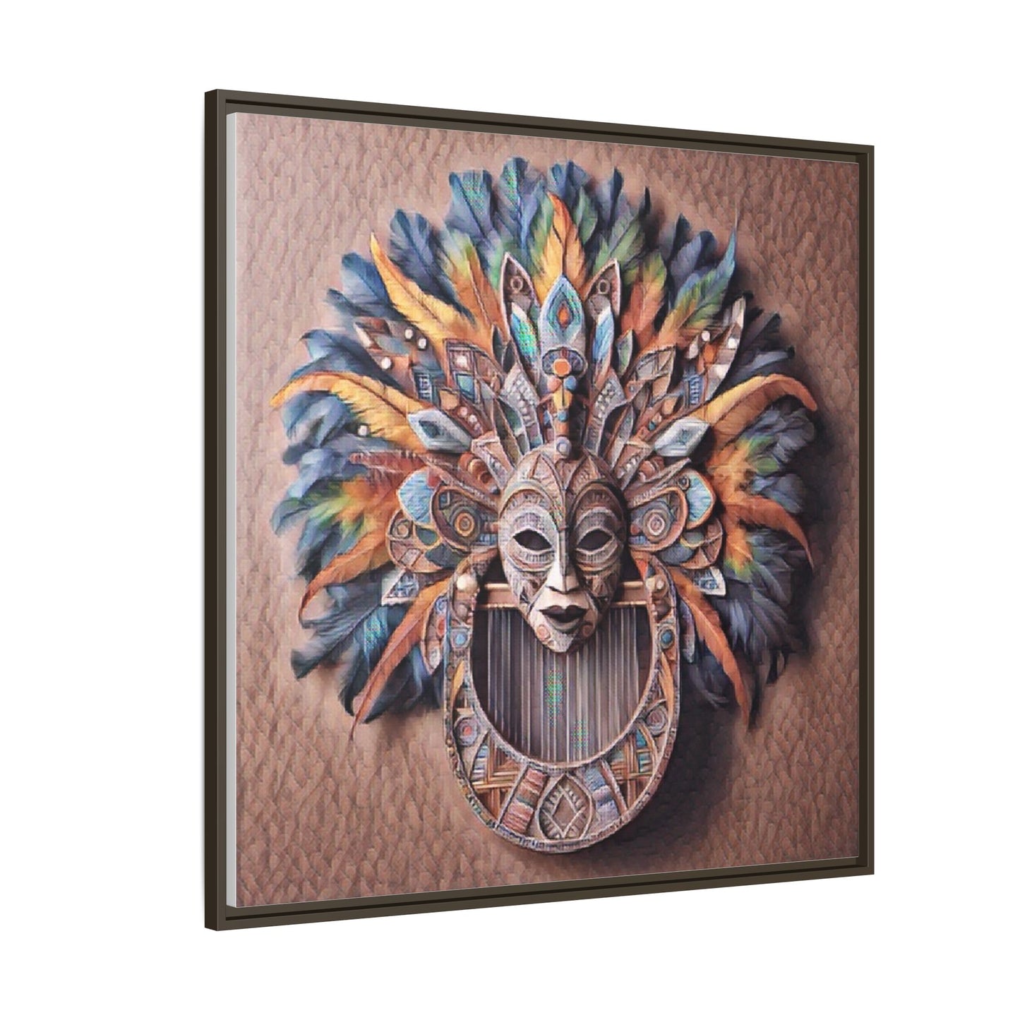 Tribal Feather Mask Framed Canvas Wall Art — Colorful Boho Decorative Print