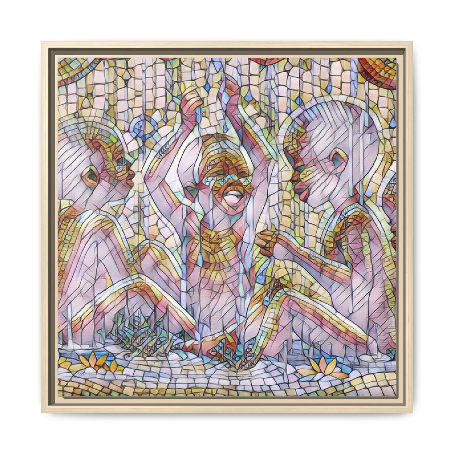 Framed Matte Canvas Art — Mosaic Children Playing (Multicolor)