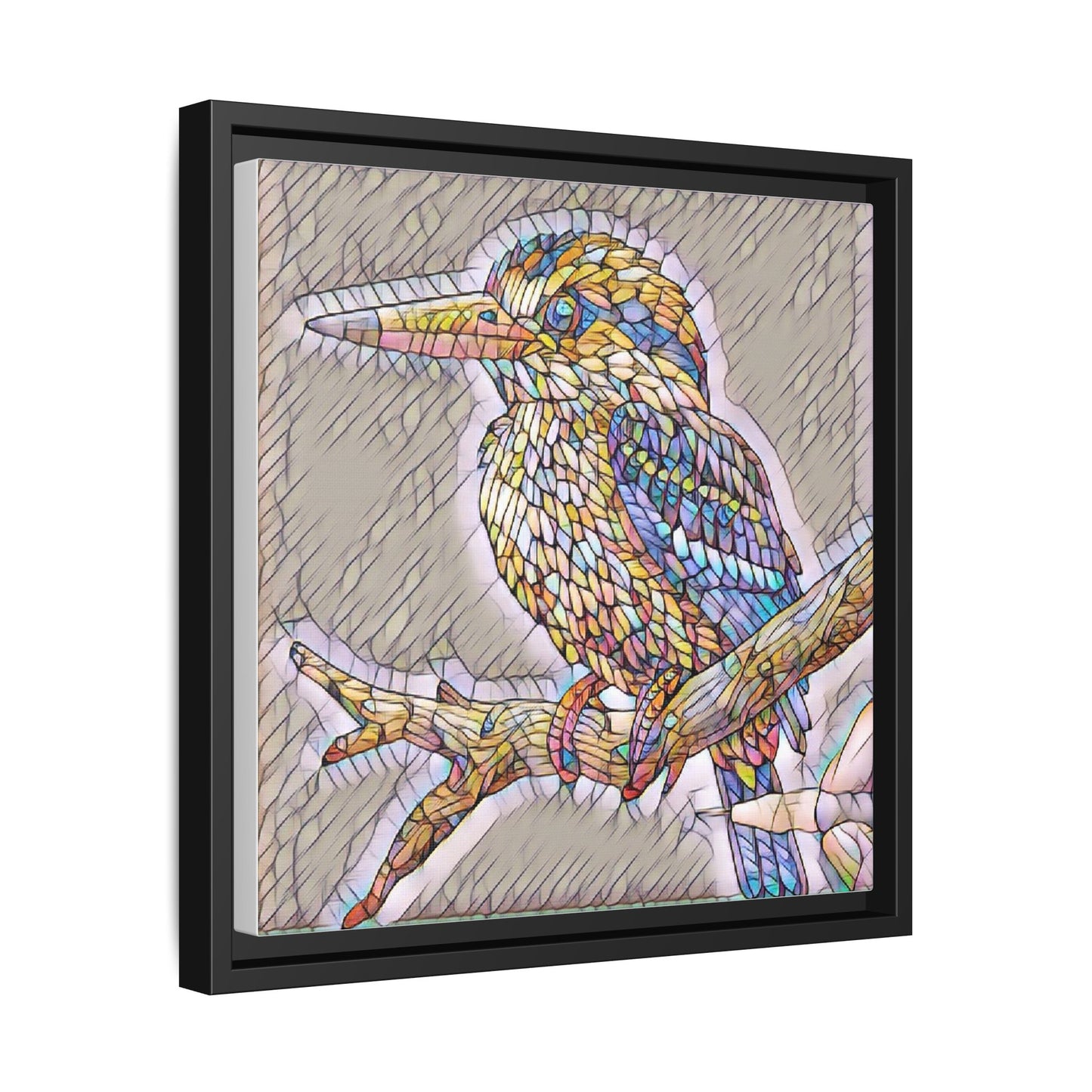 Colorful Kingfisher Framed Canvas Wall Art — Stained-Glass Style Bird Print