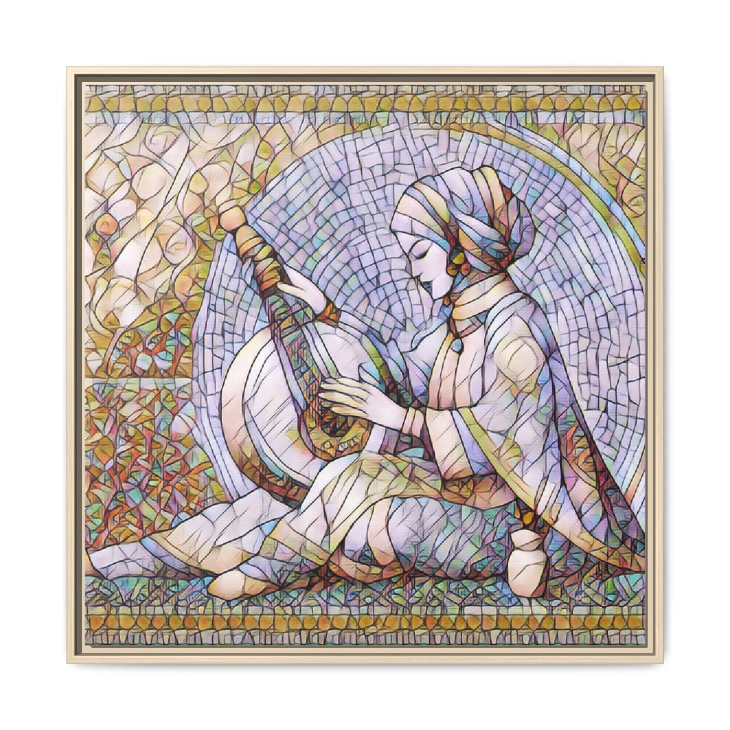 Framed Matte Canvas: Mosaic Lute Player Wall Art — Bohemian Musical Portrait