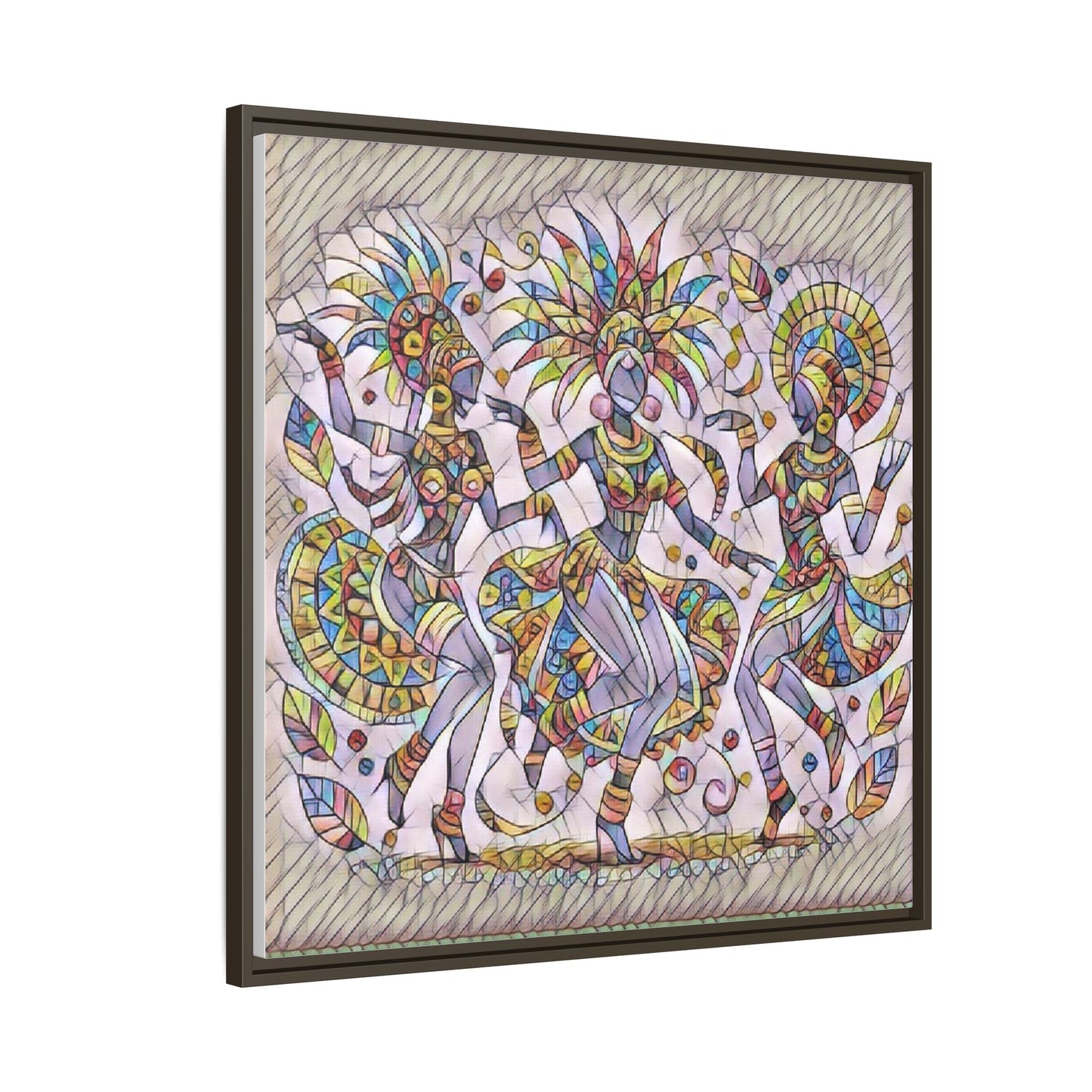 Colorful Carnival Dancers Framed Canvas Art — Multicolor Tribal Celebration Print