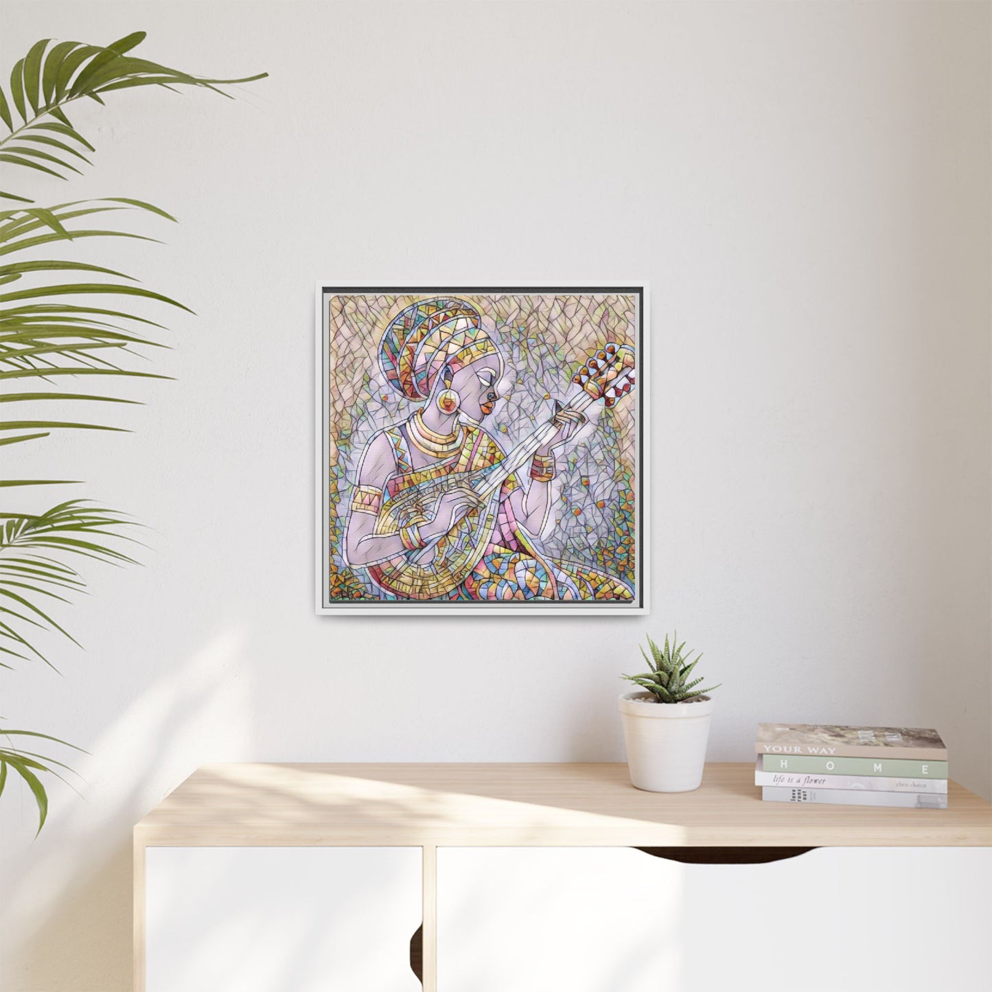 Framed Canvas Art — Colorful African Woman Playing Lute (Matte Multi‑Color)