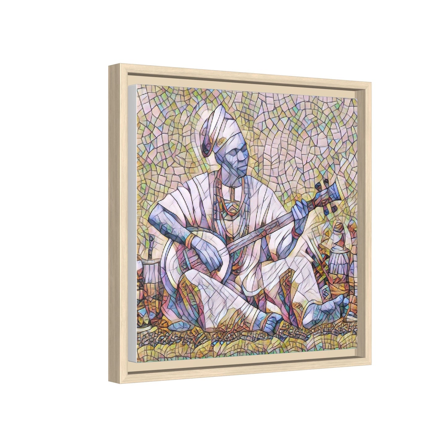 Framed Mosaic Musician Canvas Art — African Griot with Kora