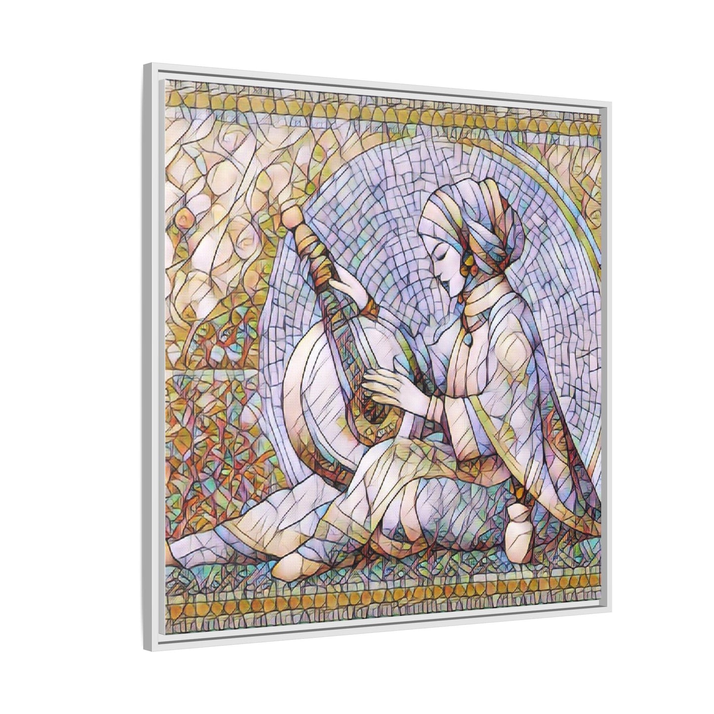 Framed Matte Canvas: Mosaic Lute Player Wall Art — Bohemian Musical Portrait