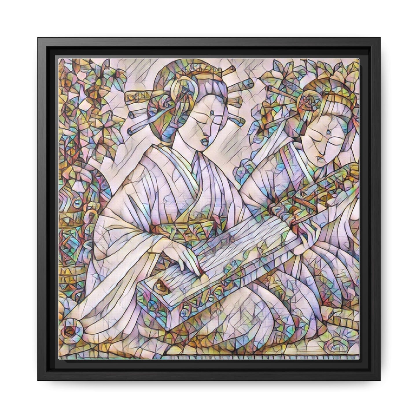 Framed Matte Canvas Print — Stained-Glass Geisha Duo
