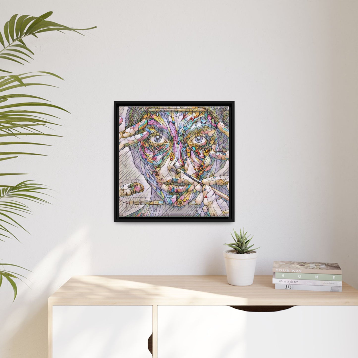 Framed Abstract Mosaic Face Canvas — Colorful Modern Wall Art