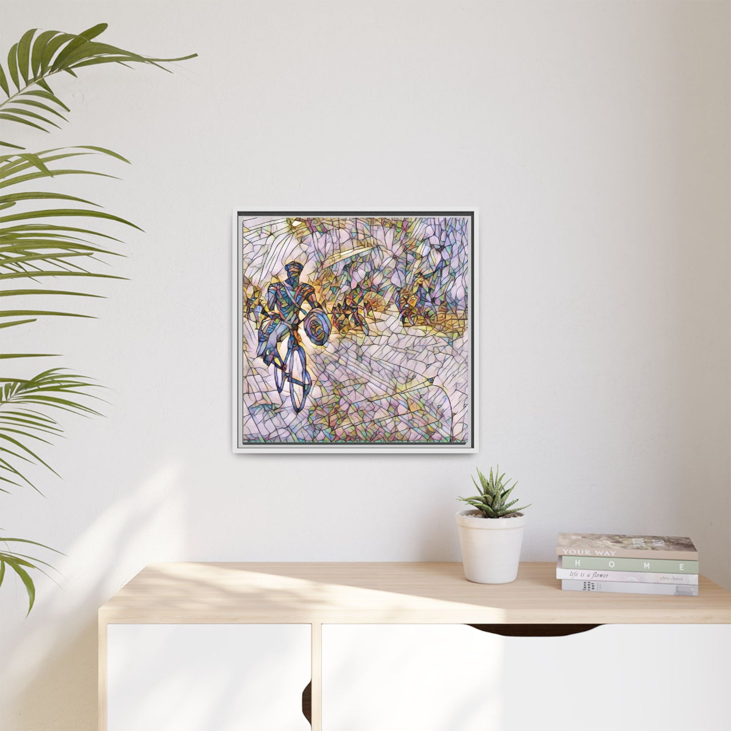 Cyclist Mosaic Matte Canvas Framed Wall Art — Colorful Biking Scene