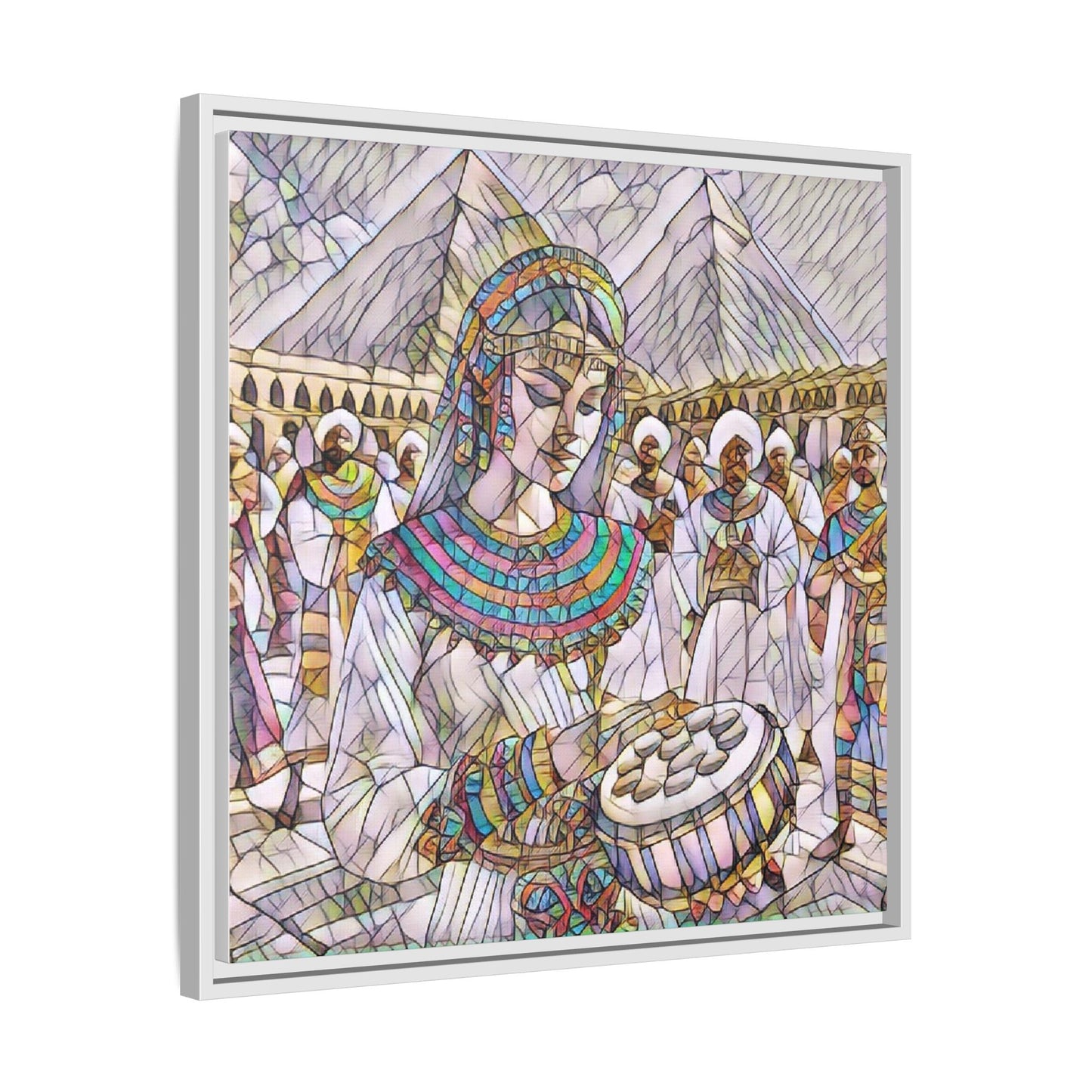 Egyptian Drum Player Framed Canvas Art — Colorful Ancient Scene Wall Decor