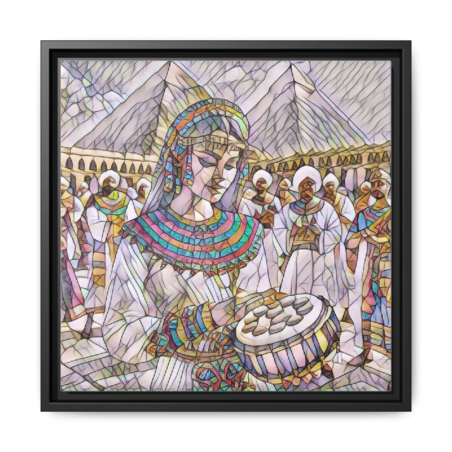 Egyptian Drum Player Framed Canvas Art — Colorful Ancient Scene Wall Decor