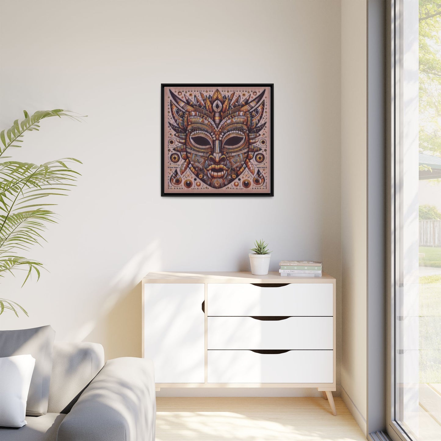 Tribal Mask Framed Canvas Art — Multicolor Matte Wall Decor