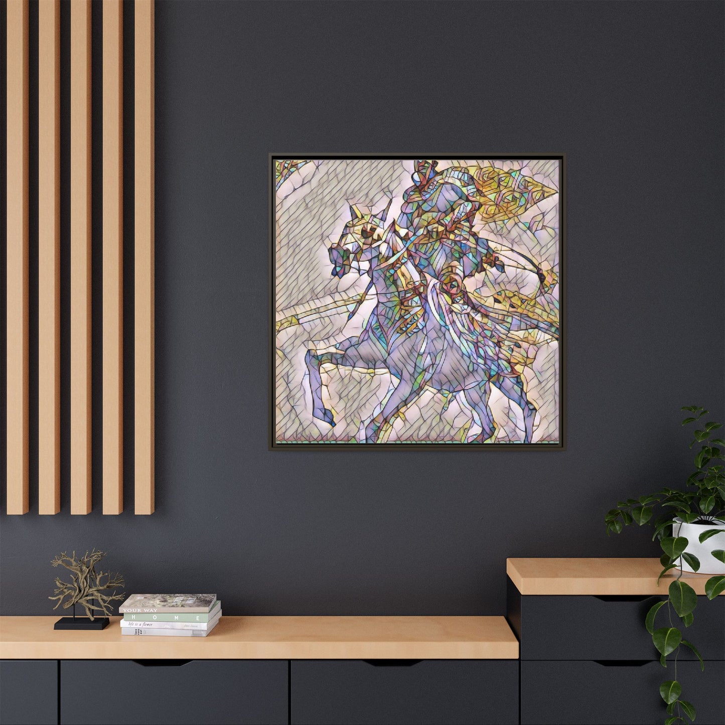 Framed Matte Canvas Art — Stained Glass Knight on Horse Fantasy Wall Decor