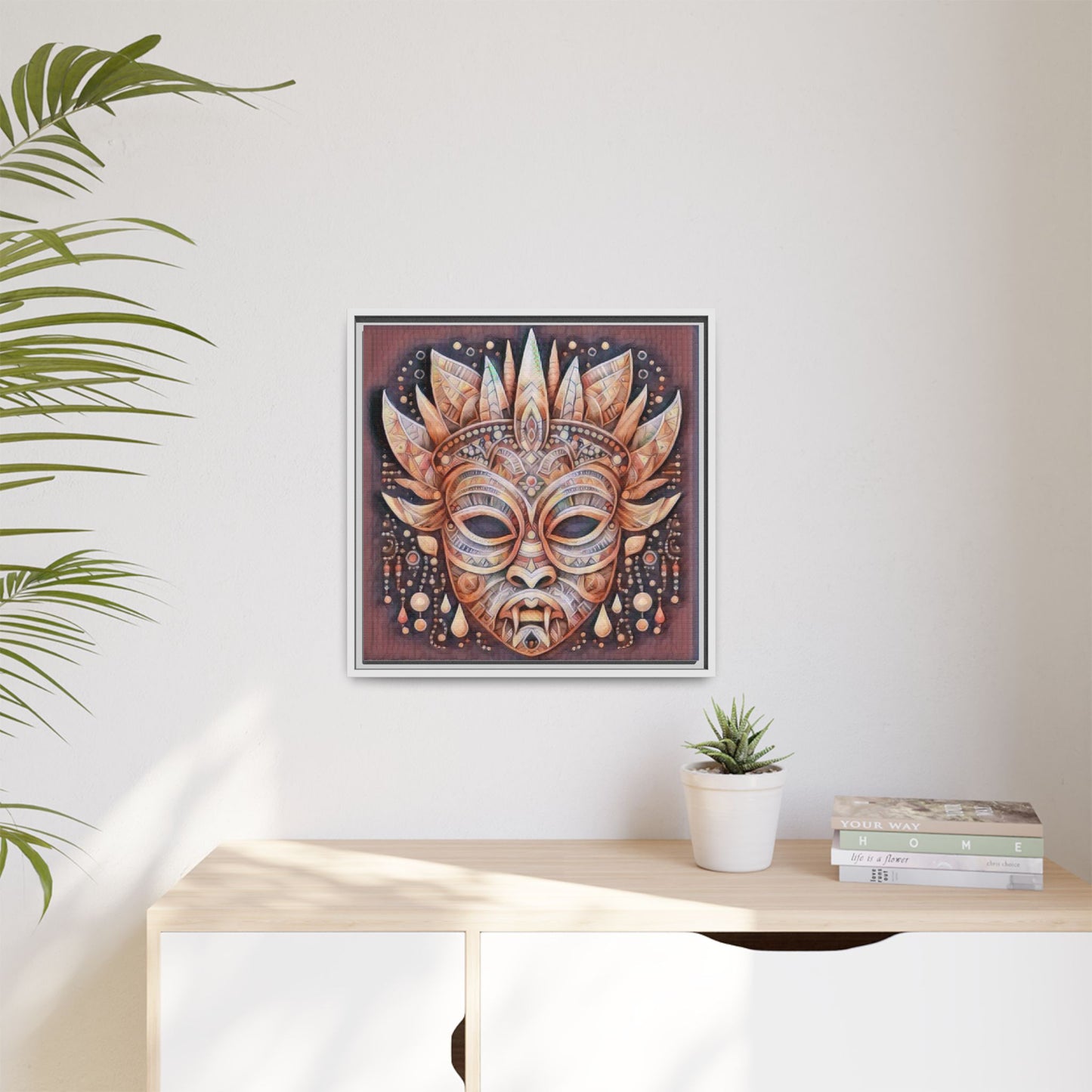 Tribal Sun Mask Framed Canvas Art — Boho Ethnic Wall Decor