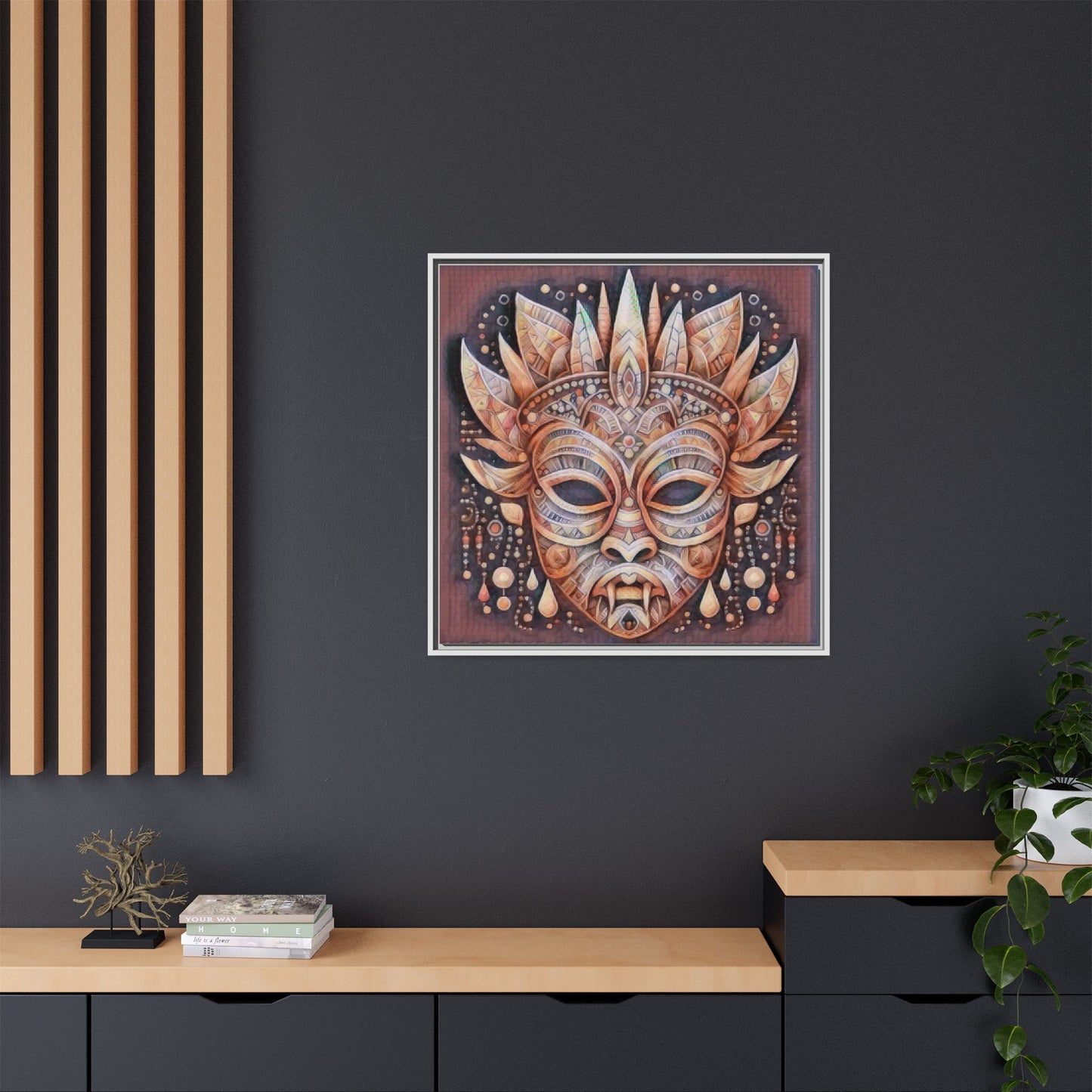 Tribal Sun Mask Framed Canvas Art — Boho Ethnic Wall Decor