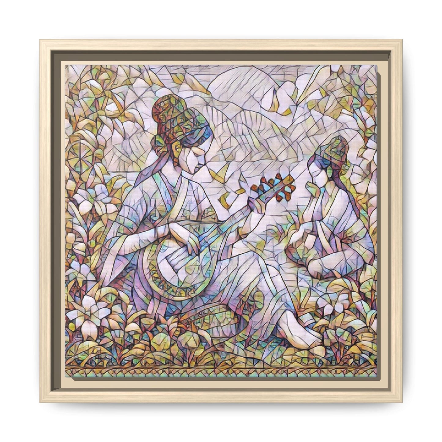 Framed Matte Canvas Art - Vintage Asian Musicians Floral Illustration