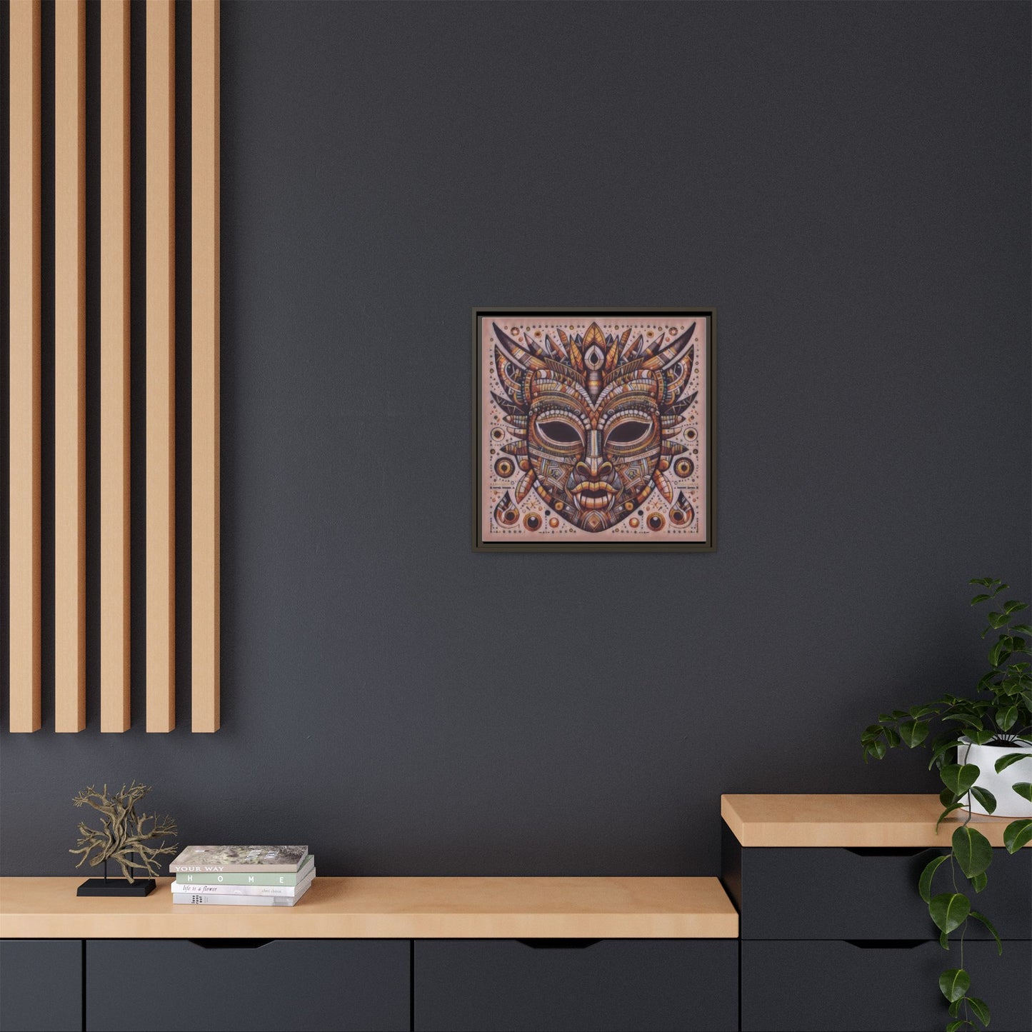 Tribal Mask Framed Canvas Art — Multicolor Matte Wall Decor