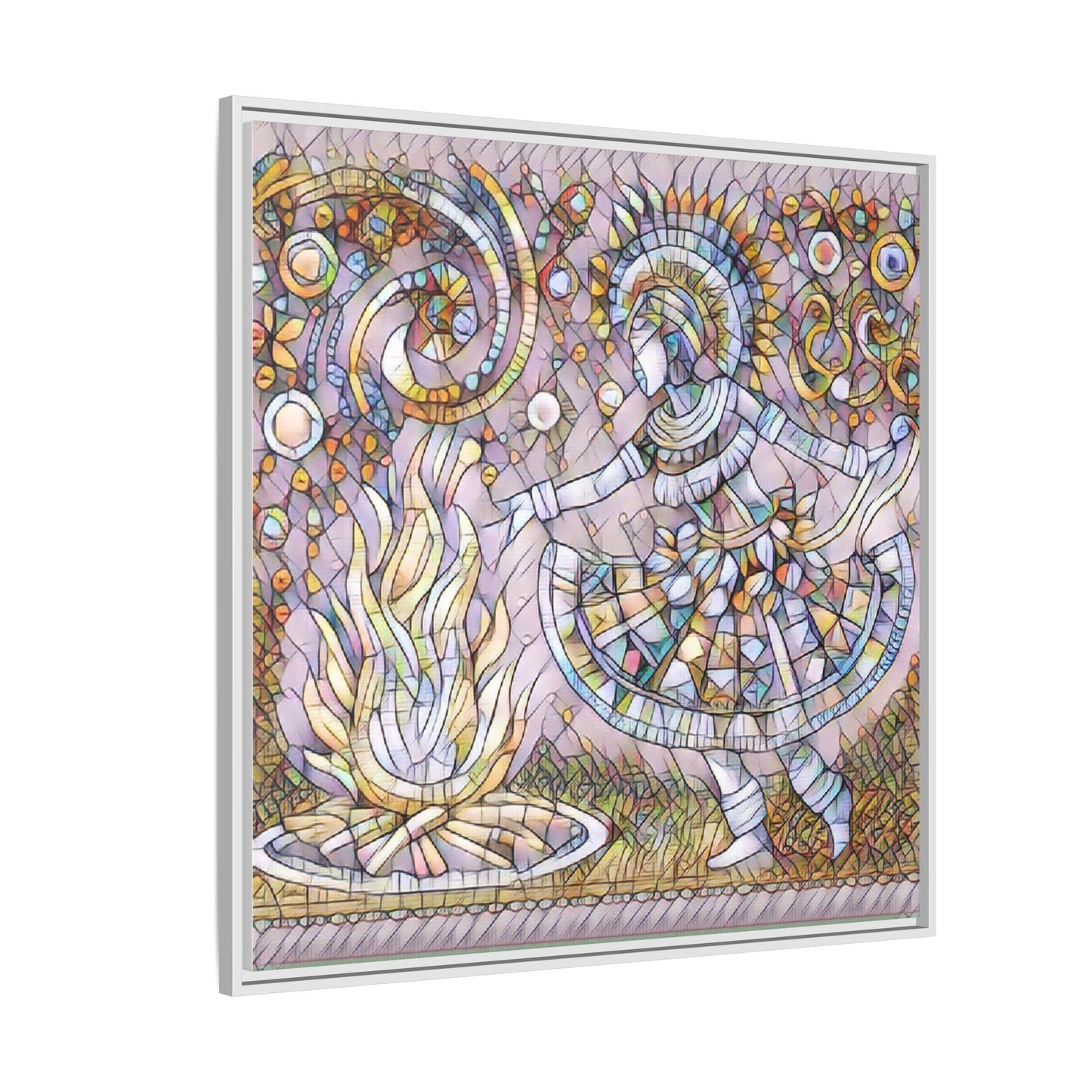 Bohemian Fire Dancer Framed Canvas Art — Colorful Folk Mosaic Wall Decor