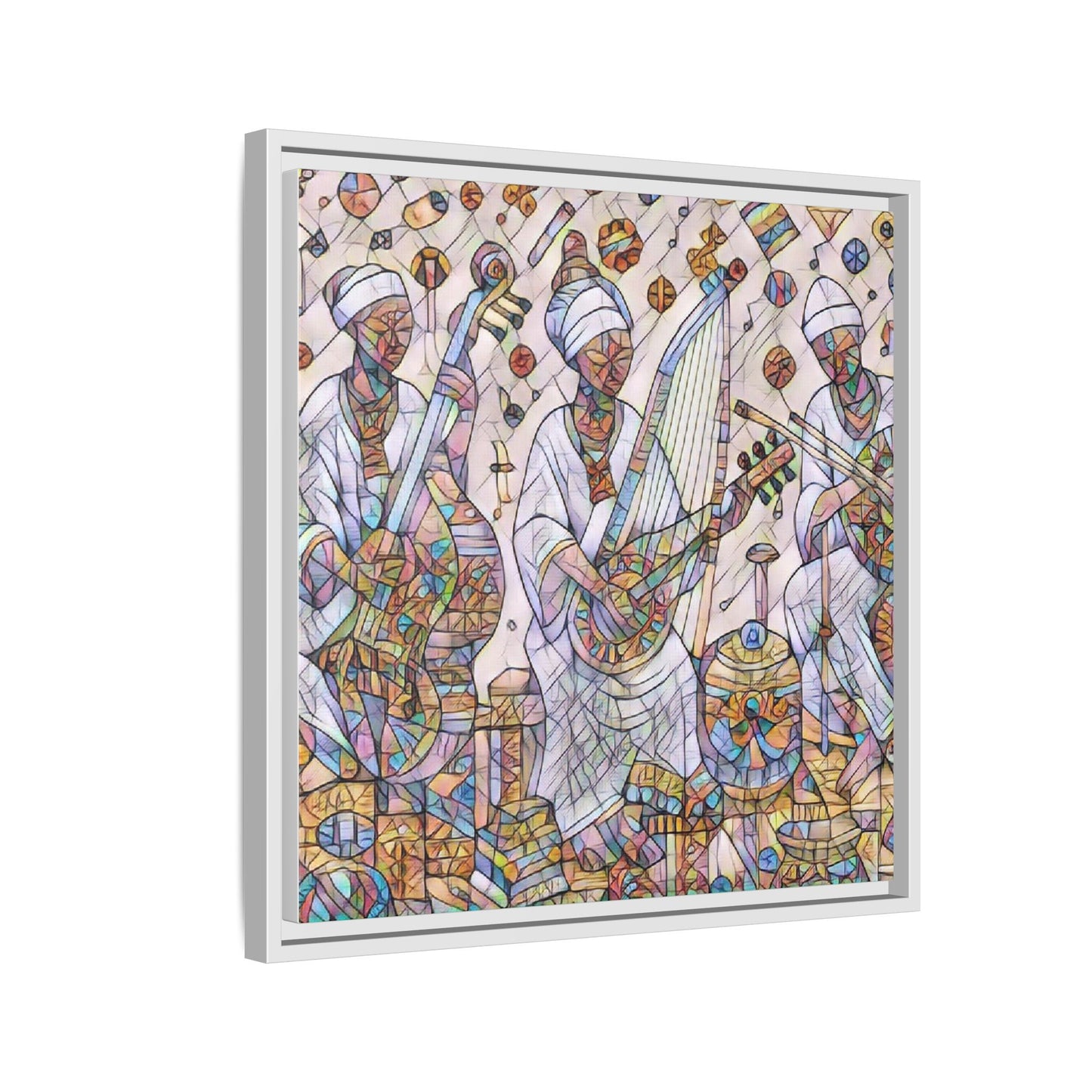 Framed Matte Canvas Print — Colorful African Musicians Stained-Glass Art