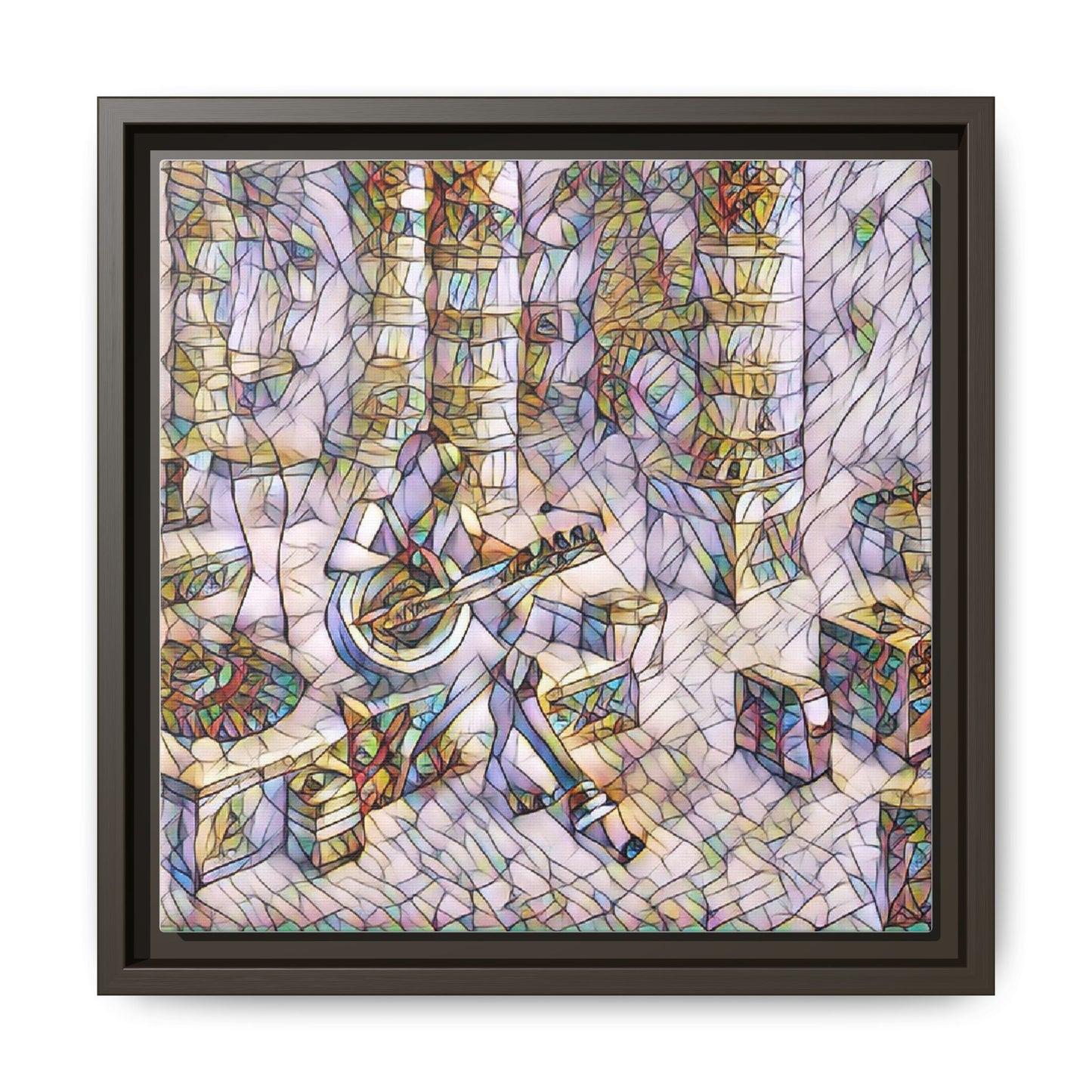 Framed Matte Canvas Art - Abstract Guitarist in Colorful Mosaic