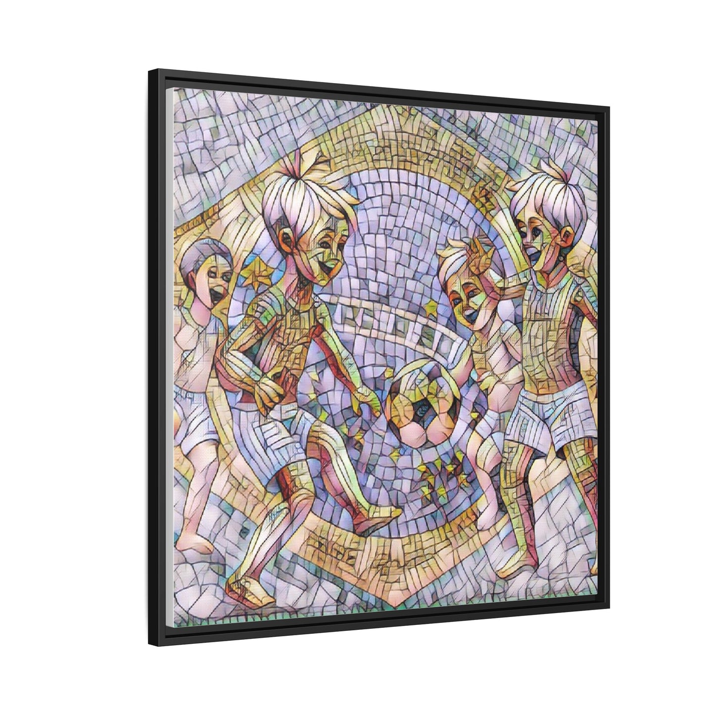 Framed Matte Canvas – Vintage Mosaic Kids Playing Soccer Art