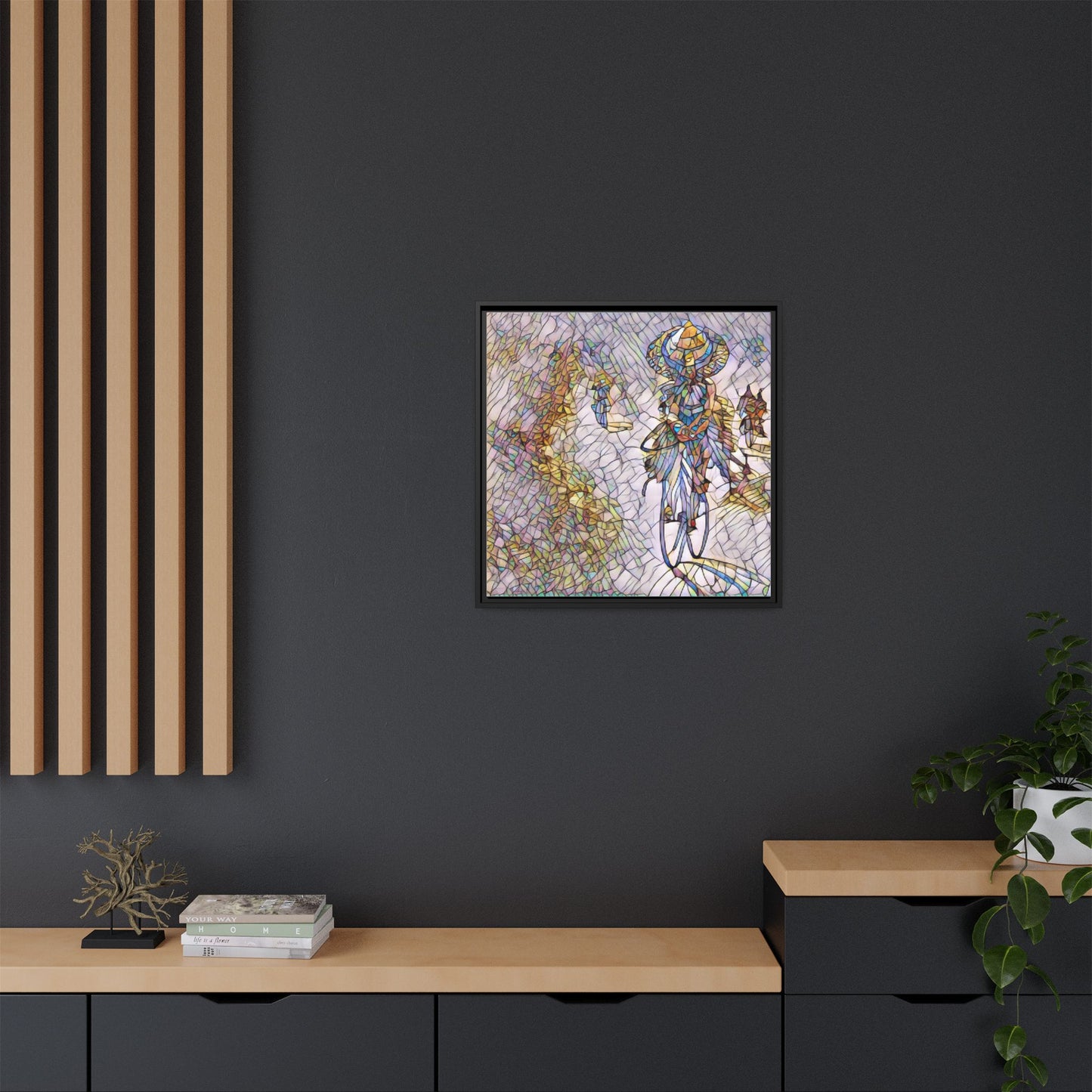 Abstract Cyclist Stained-Glass Art Print — Framed Matte Canvas
